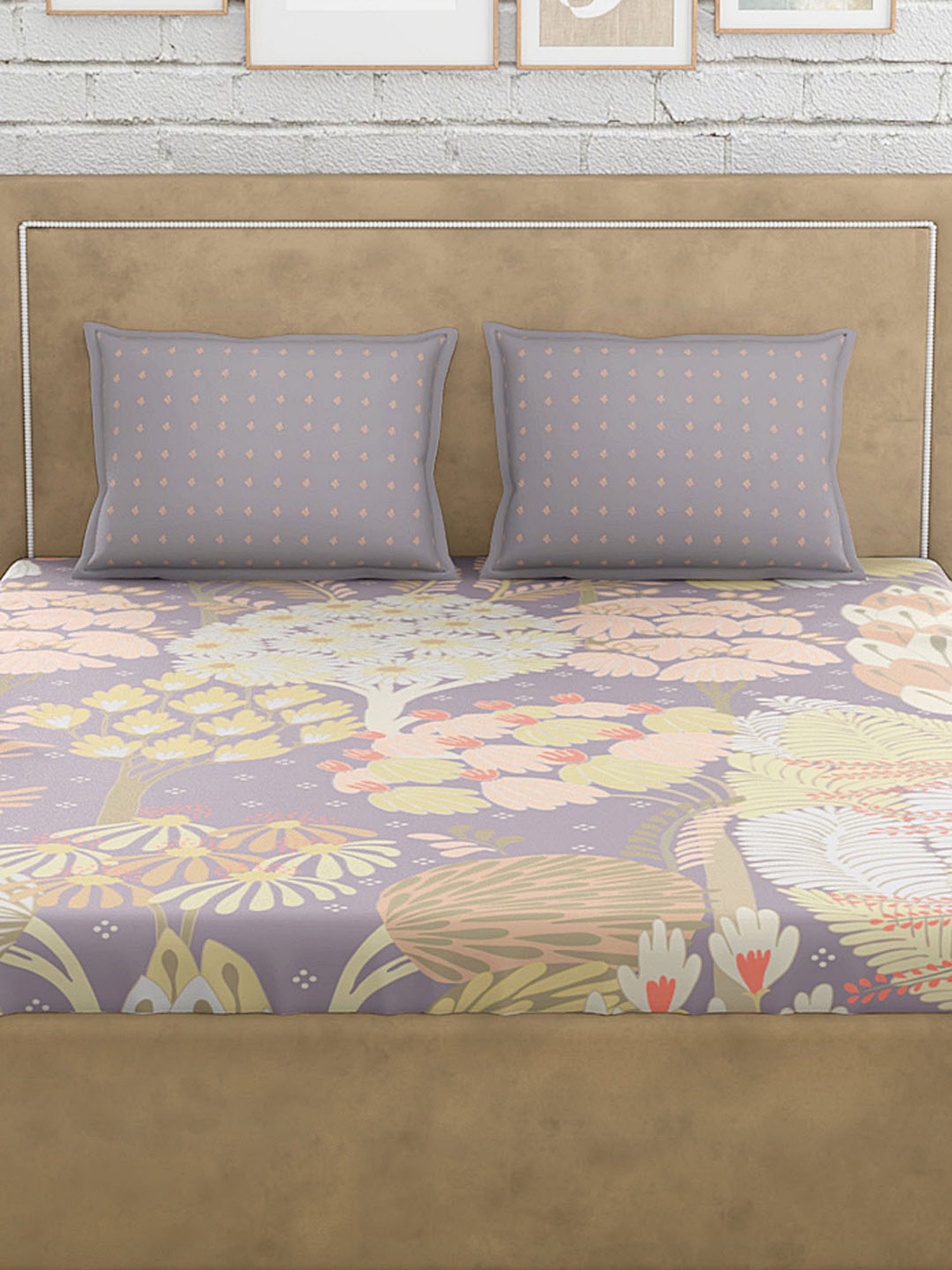 Petal Home Acadia Abstract Grey 300 TC Cotton Queen Size Bed Sheet with 2 Pillow Covers