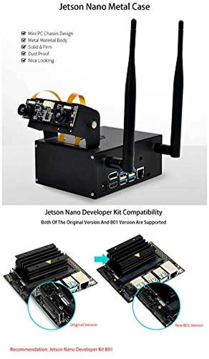 Jetson Nano Metal Case/Enclosure for Jetson Nano Developer Kit and B01(A02 & B01) with Camera Holder,Reset and Power Buttons, Support Single or Binocular Camera,Cooling Fan,Wireless-AC8265