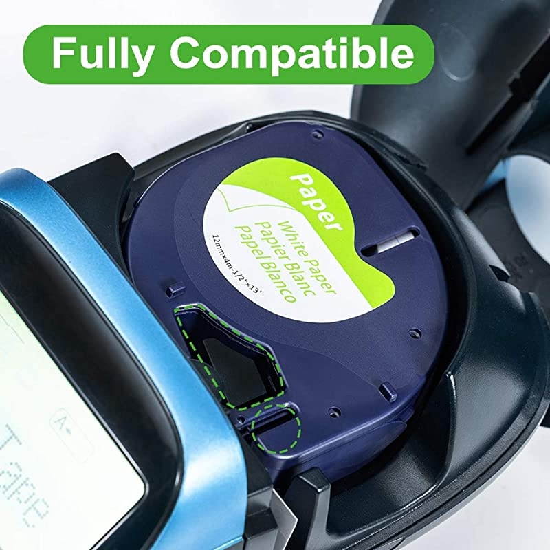 Compatible Label Tape Replacement for DYMO LetraTag Refills 91330 10697 Paper LT Label Tape Work for DYMO LetraTag LT-100H LT-100T QX50 Label Maker, Black on White, 1/2 Inch x 13 Feet, 5-Pack