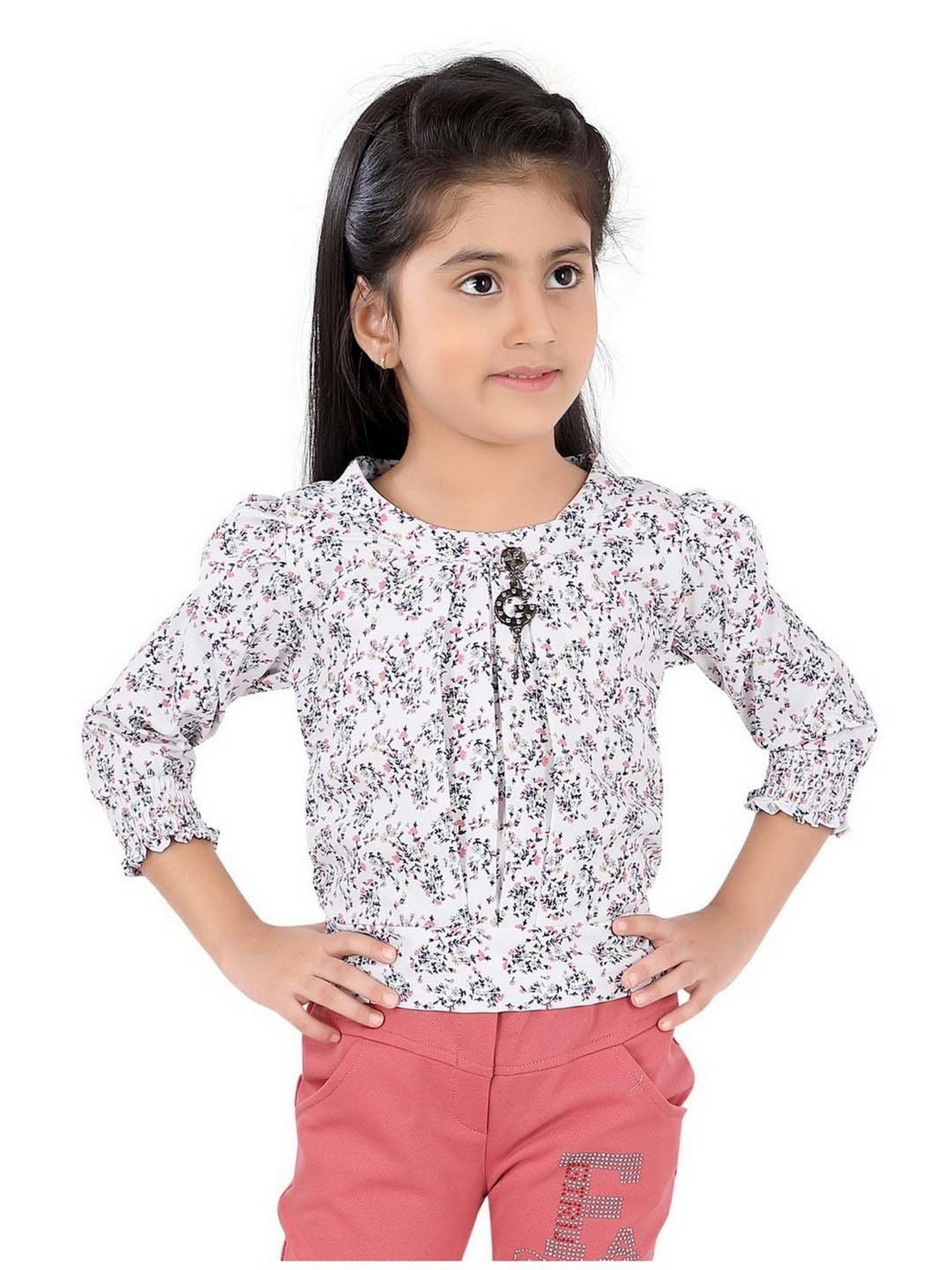 poplins Kids Pink & White Cotton Floral Print Top
