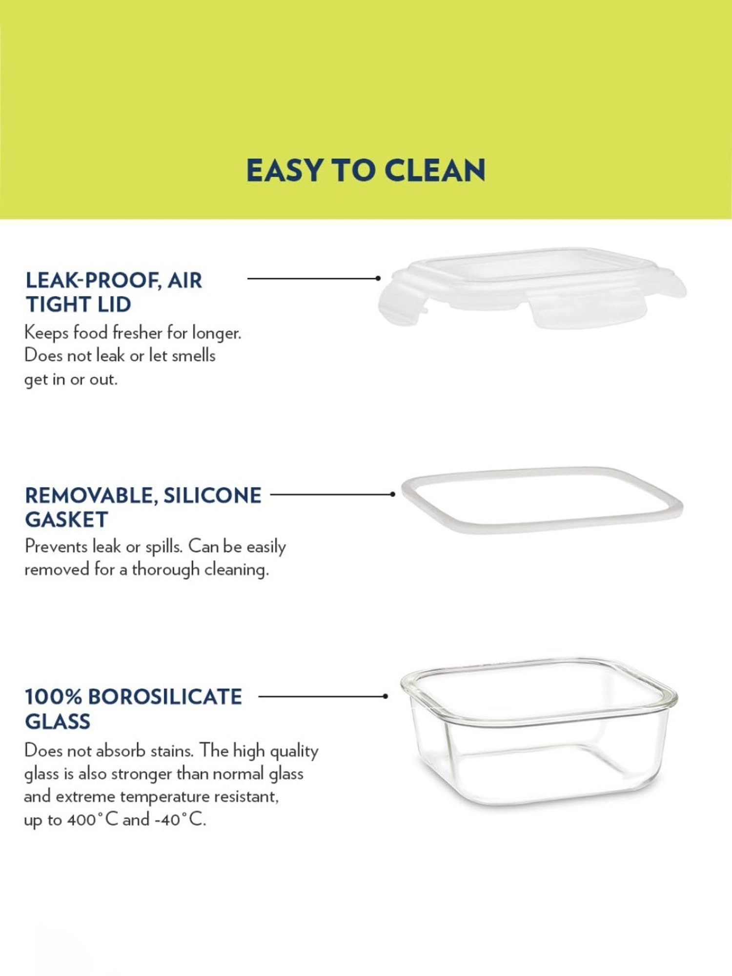 Borosil Alfa Glass Lunch Box Set of 3 (Green, 320 ml)