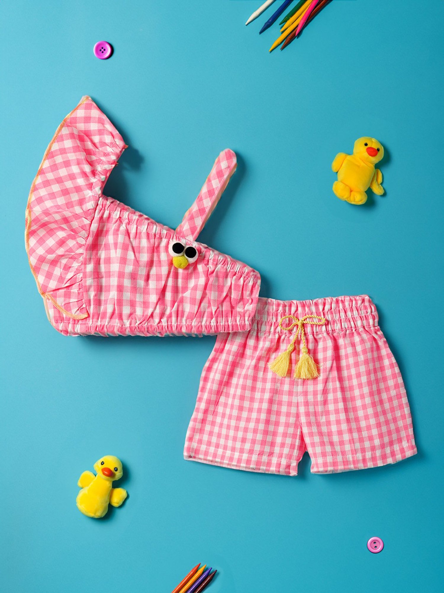 Nauti Nati Kids Pink & White Checks Crop Top with Shorts