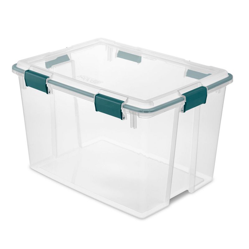 Sterilite 80 Quart Home Organization Kitchen Clear Plastic Gasket Box Storage Container Tote Bin with  Latched Lid, Clear/Teal Rain Green (4 Pack)