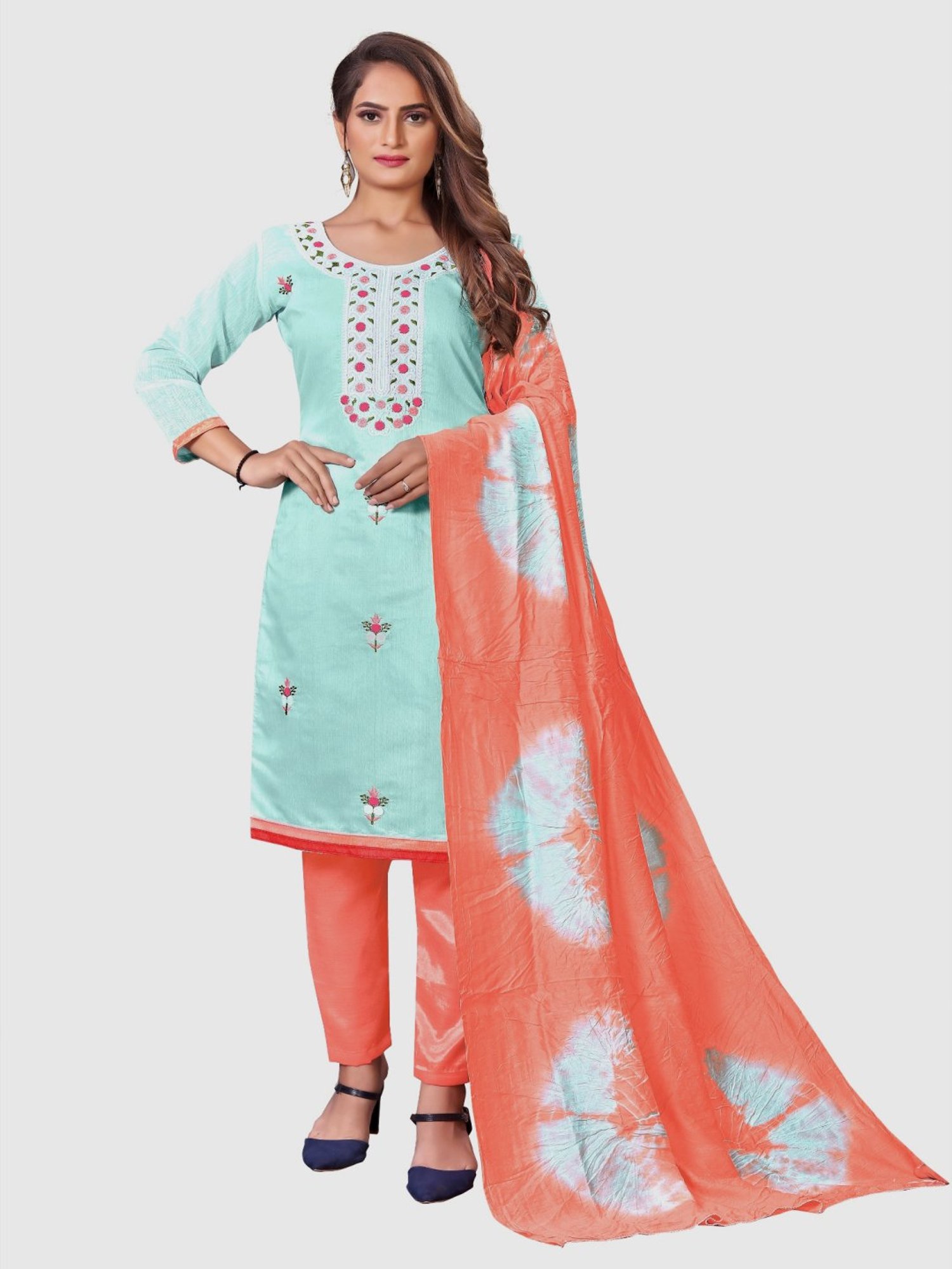 APNISHA Turquoise Embroidered Unstitched Dress Material