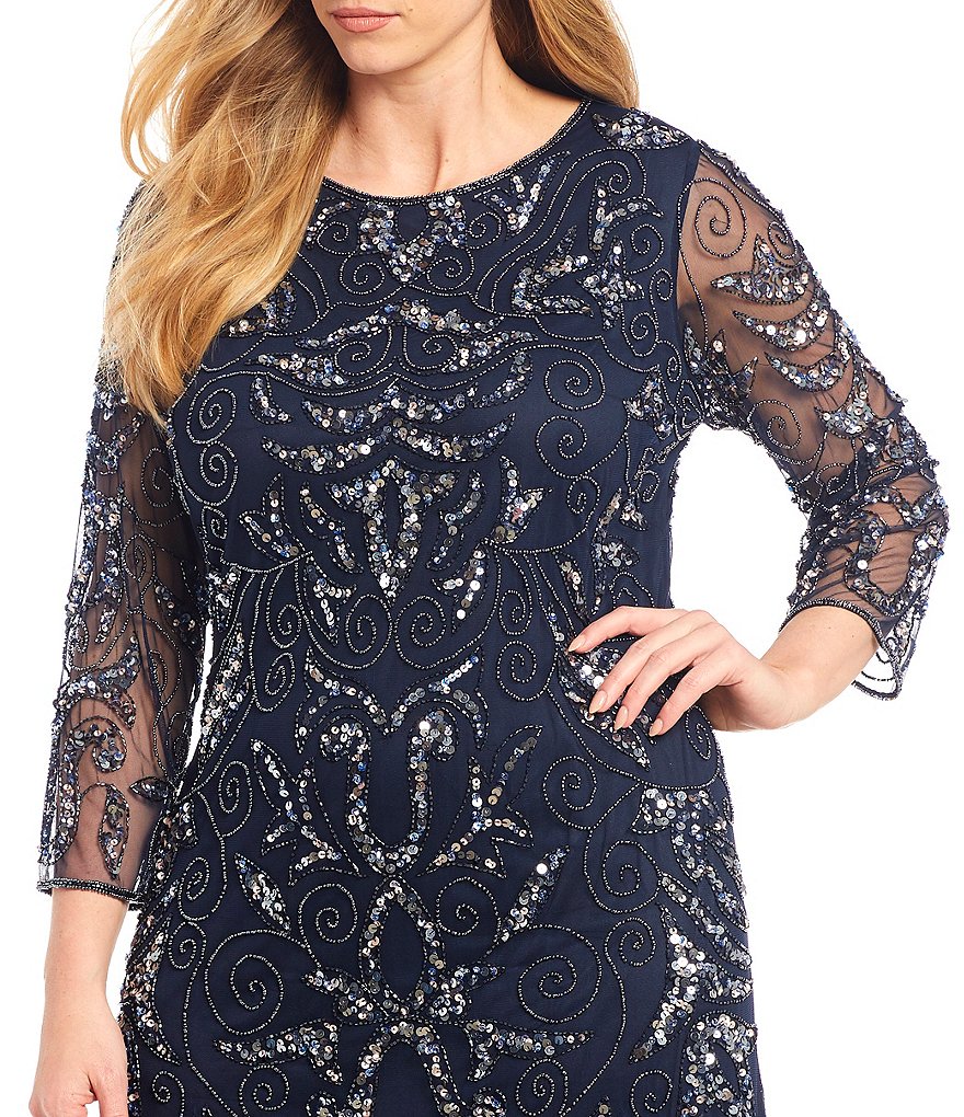 Pisarro Nights Plus Size 3/4 Sleeve Round Neck Beaded Gown