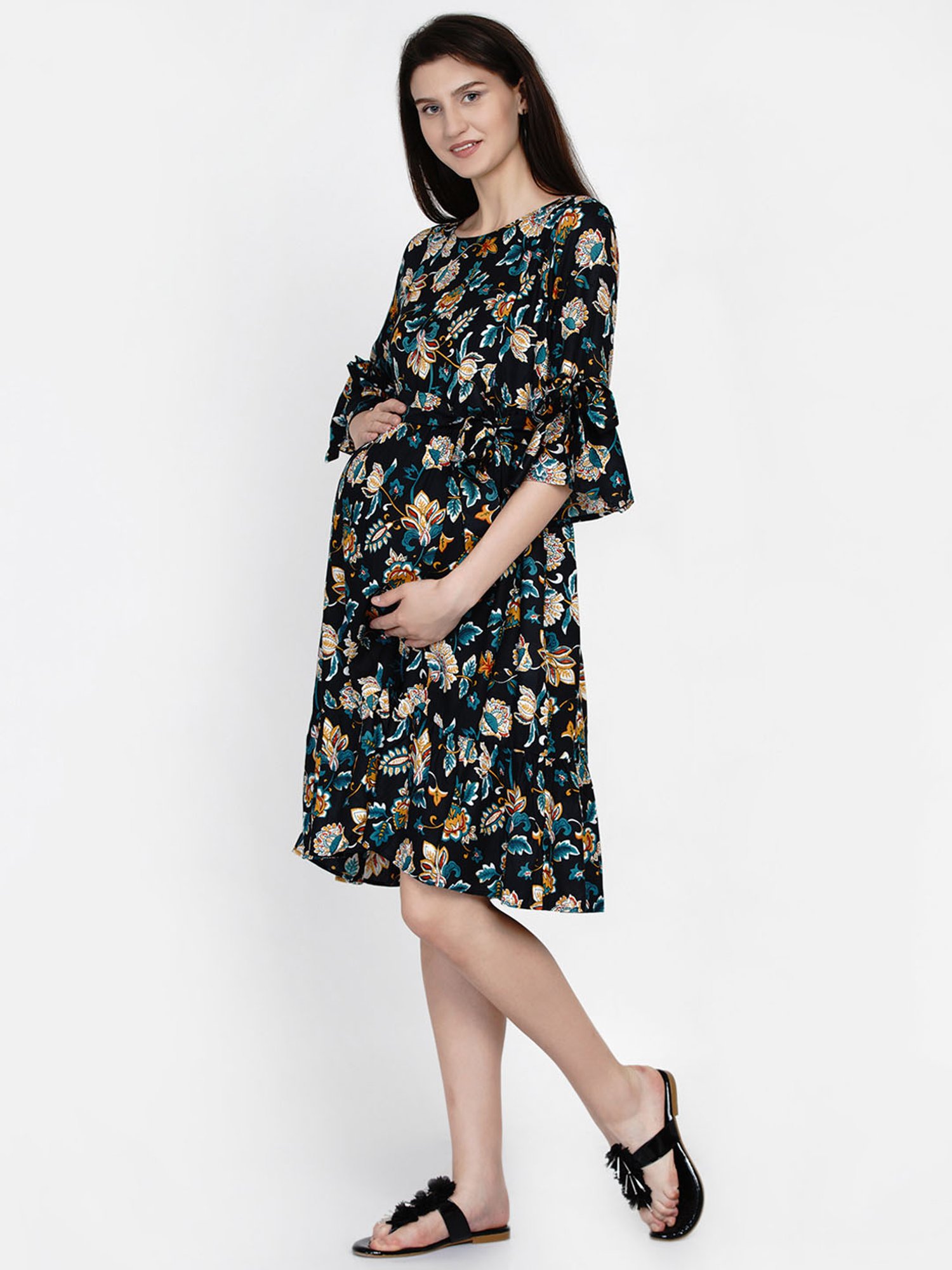 Mine4Nine Navy Floral Print Maternity Dress
