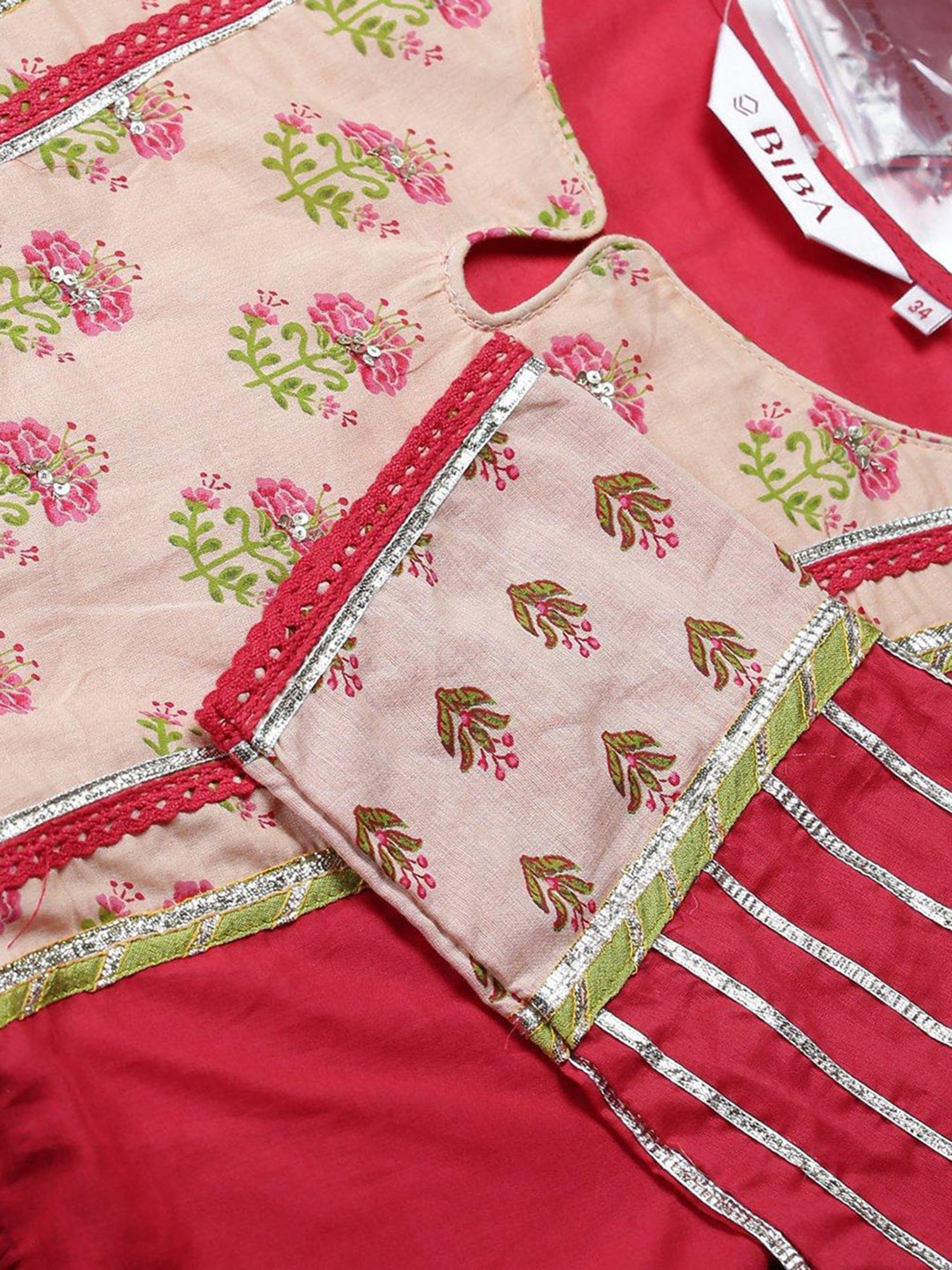 Biba Red & Peach Printed Kurta With Sharara & Dupatta