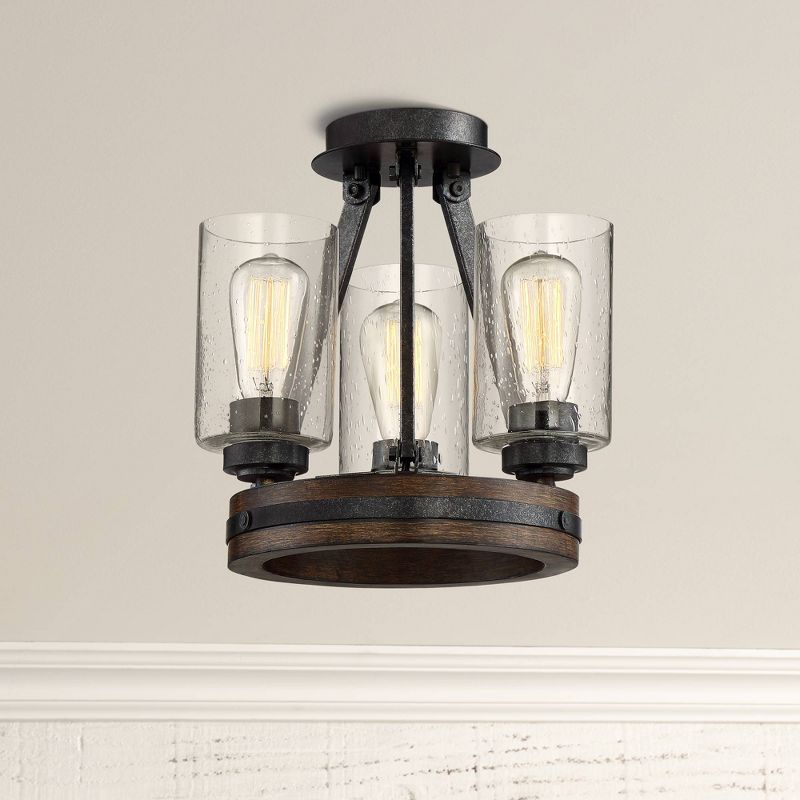 Franklin Iron Works Industrial Ceiling Light Semi Flush Mount Fixture Iron Gray 12" Wide 3-Light Faux Wood Seeded Glass Bedroom