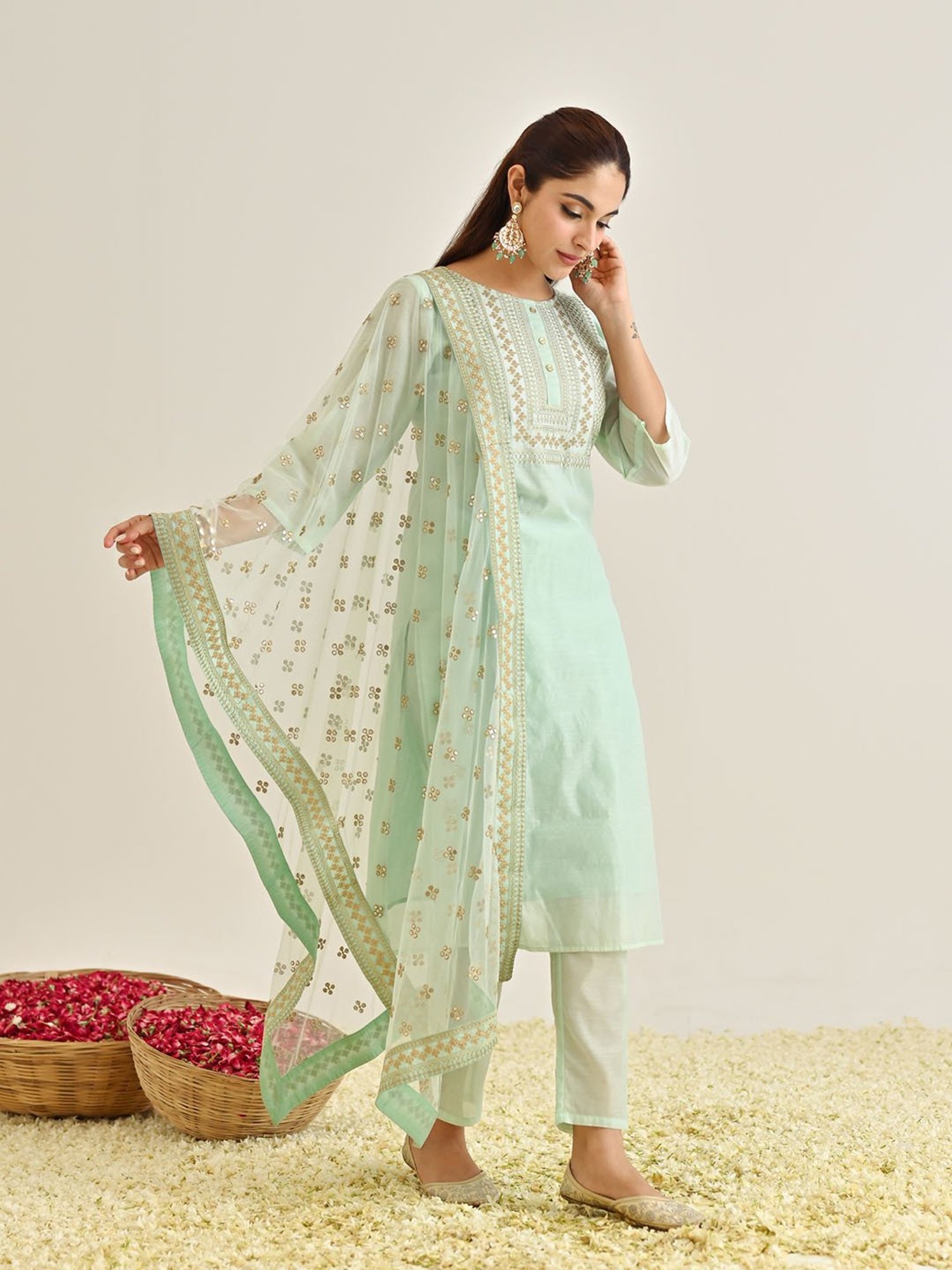 Rustorange Mint Green Embroidered Kurta With Pant & Dupatta