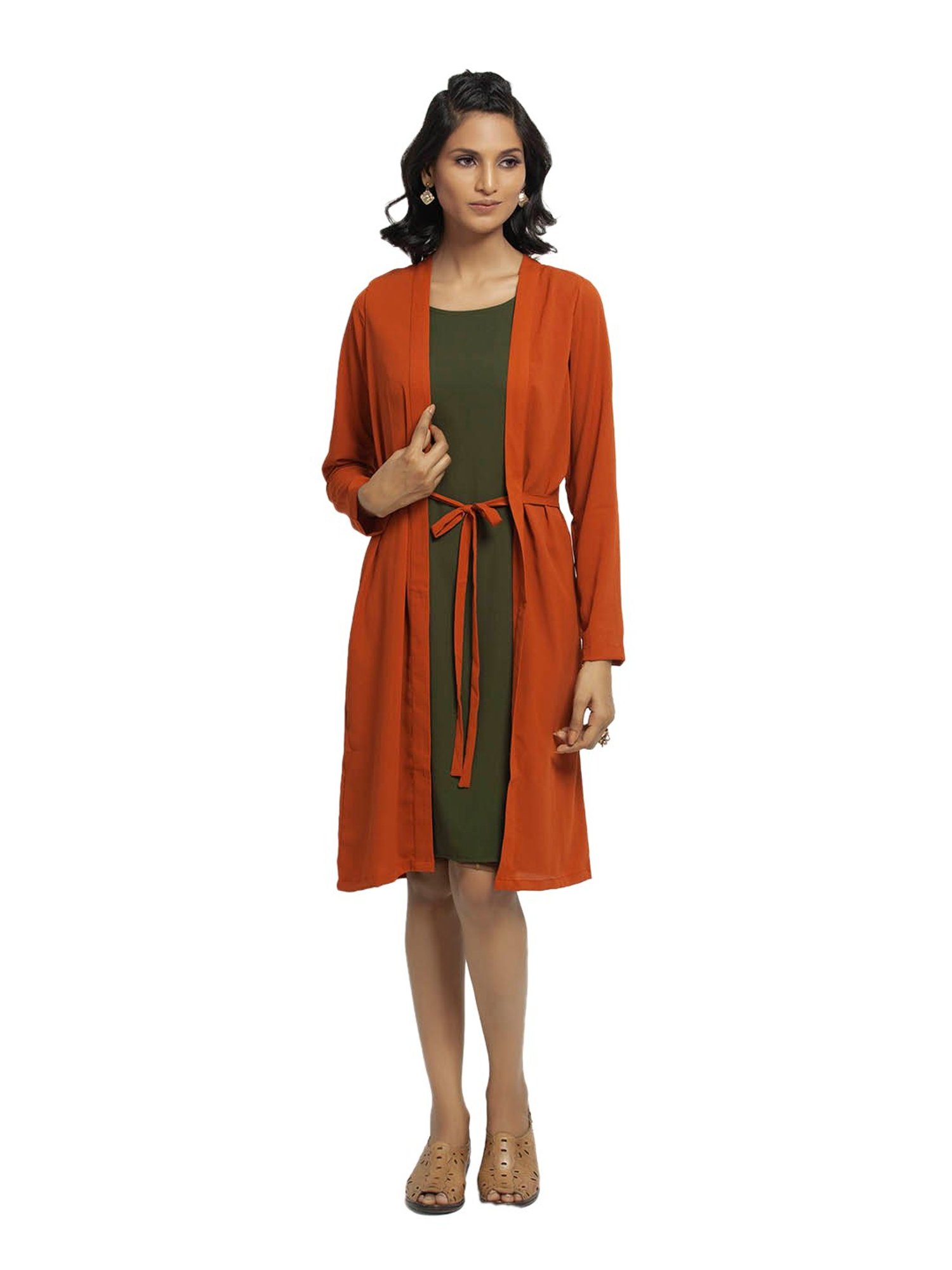 Office & You Orange Full Sleeves Jacket With Tie Knot