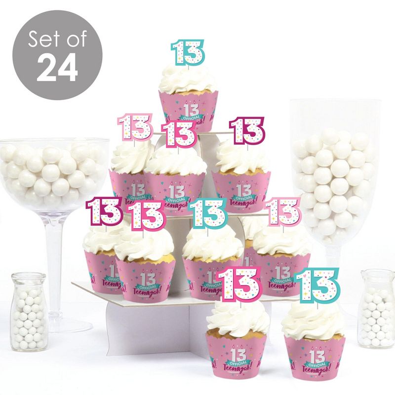 Big Dot of Happiness Girl 13th Birthday - Cupcake Decoration - Official Teenager Birthday Party Cupcake Wrappers and Treat Picks Kit - Set of 24