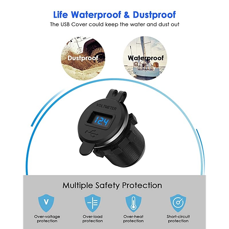 12V USB Outlet,  12V/24V 36W Aluminum Waterproof Dual QC3.0 USB Fast Charger Socket Power Outlet Adapter w/LED Digital Voltmeter for Car, Marine, Boat, Motorcycle, Truck, Golf Cart, etc