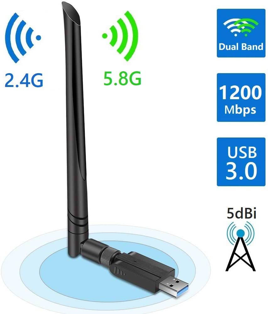 USB WiFi Adapter 1200Mbps, USB 3.0 Wireless Network Adapter, 802.11ac WiFi Dongle with Dual Band 2.4GHz 5.8GHz, 5dBi Antenna, Supports Windows 10 8 7 Vista XP, Mac10.6-10.13, Linux