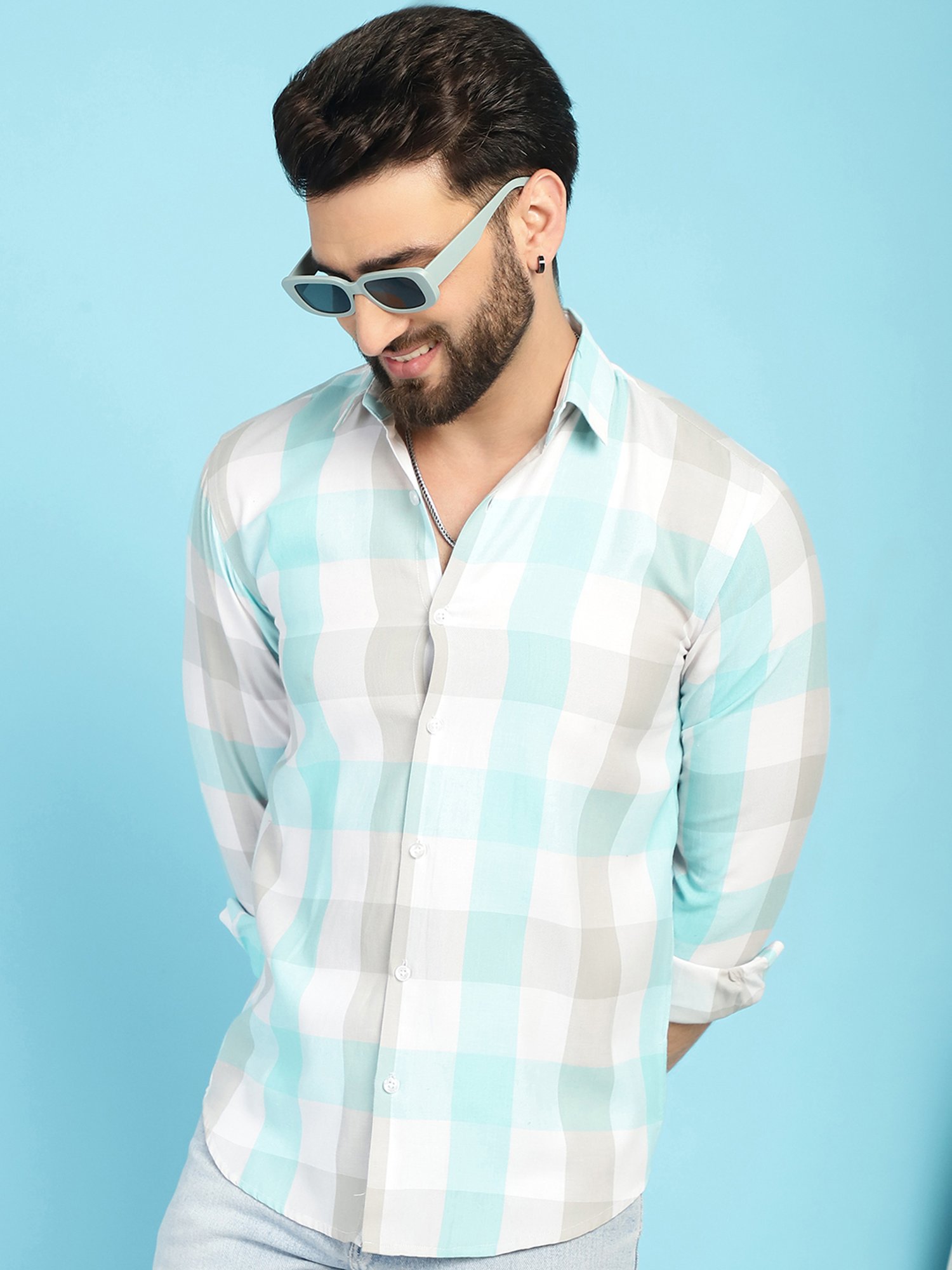Indian Needle Sky Blue Regular Fit Check Cotton Shirt