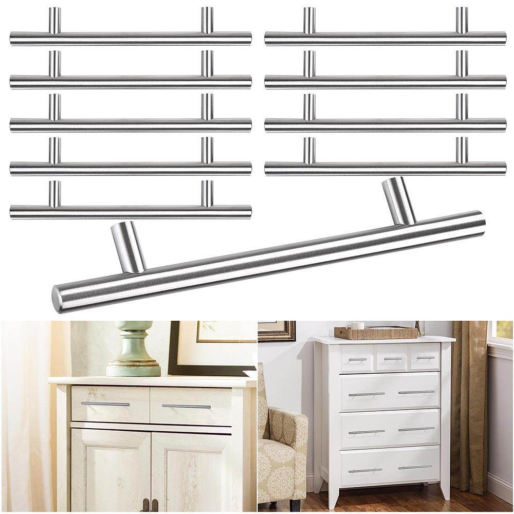 10Pcs 8" T Bar Brushed Stainless Steel Kitchen Cabinet Door Handles 5" Hole Center Drawer Pulls