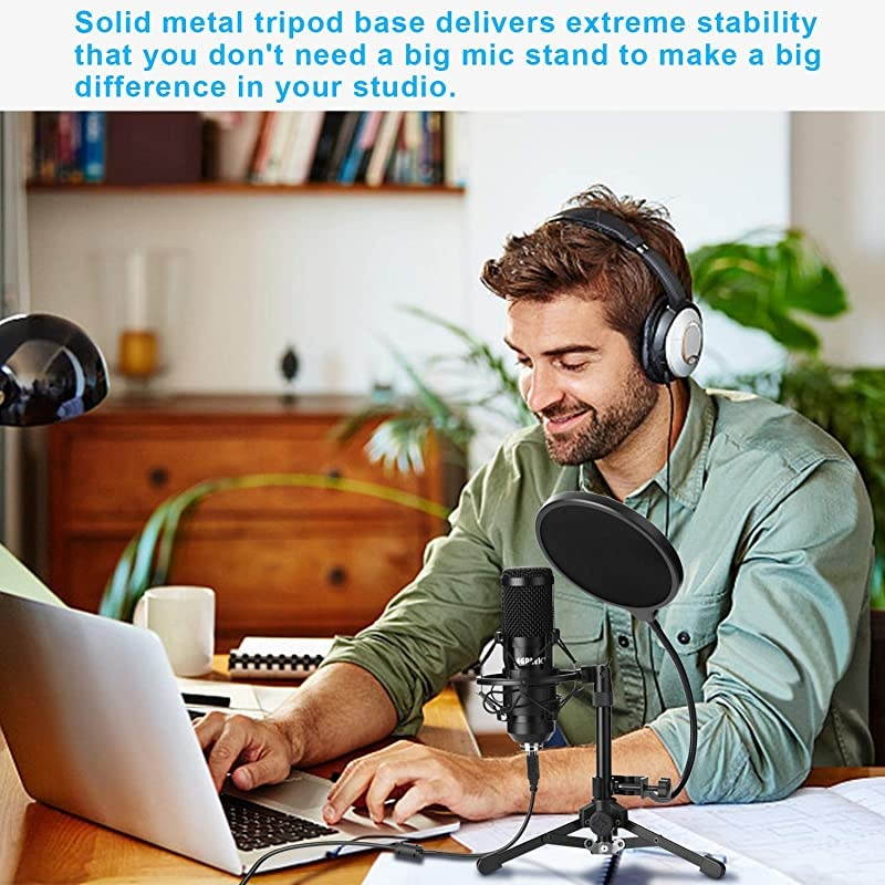 USB Microphone Kit,  192KHz/24Bit USB Condenser Studio Podcast Microphone with Scissor Arm Stand, Metal Shock Mount, Pop Filter, Mounting Clamp, Metal Tripod, Mic Windscreen & Cable