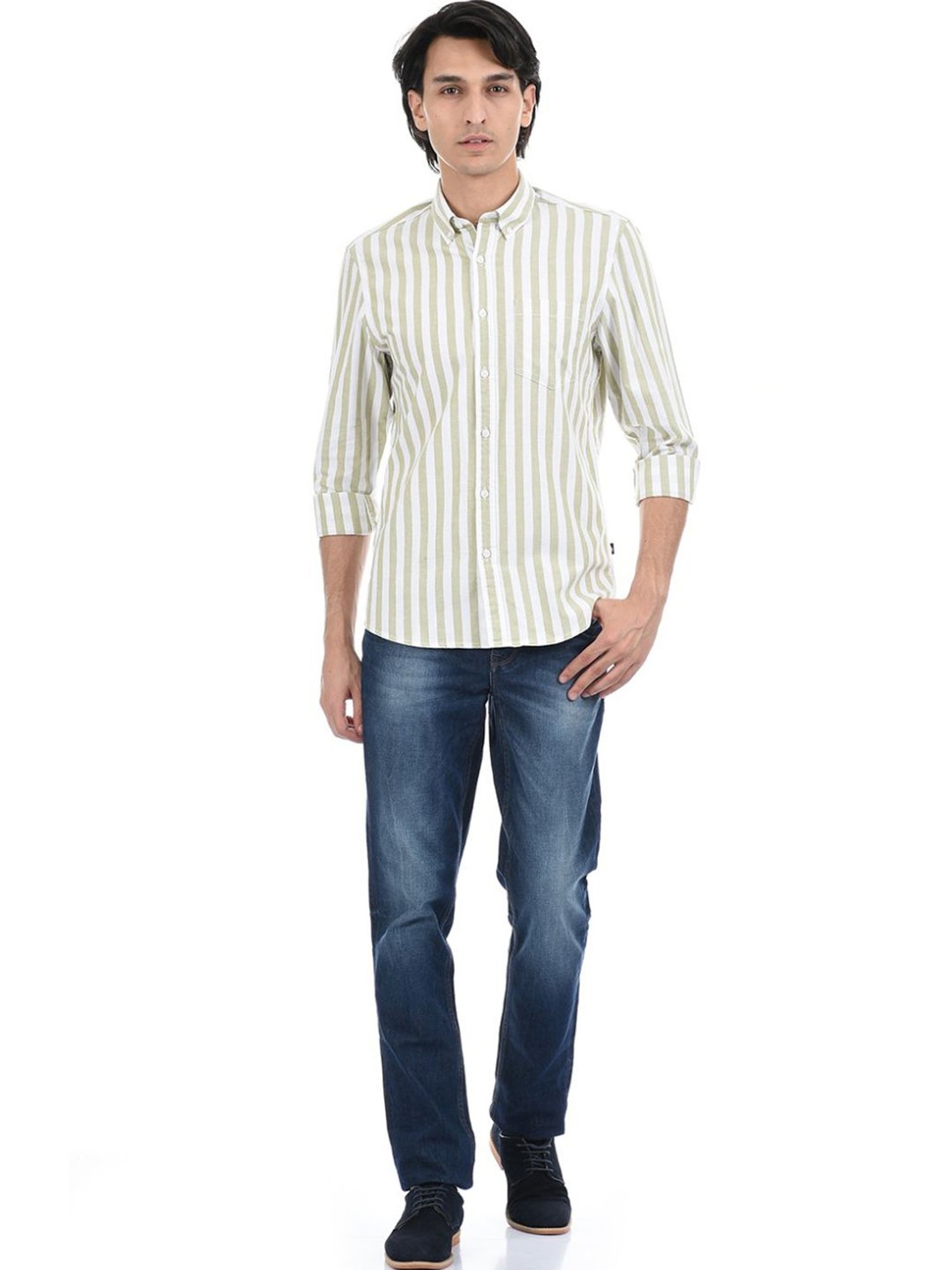 London Fog Green Regular Fit Striped Shirt