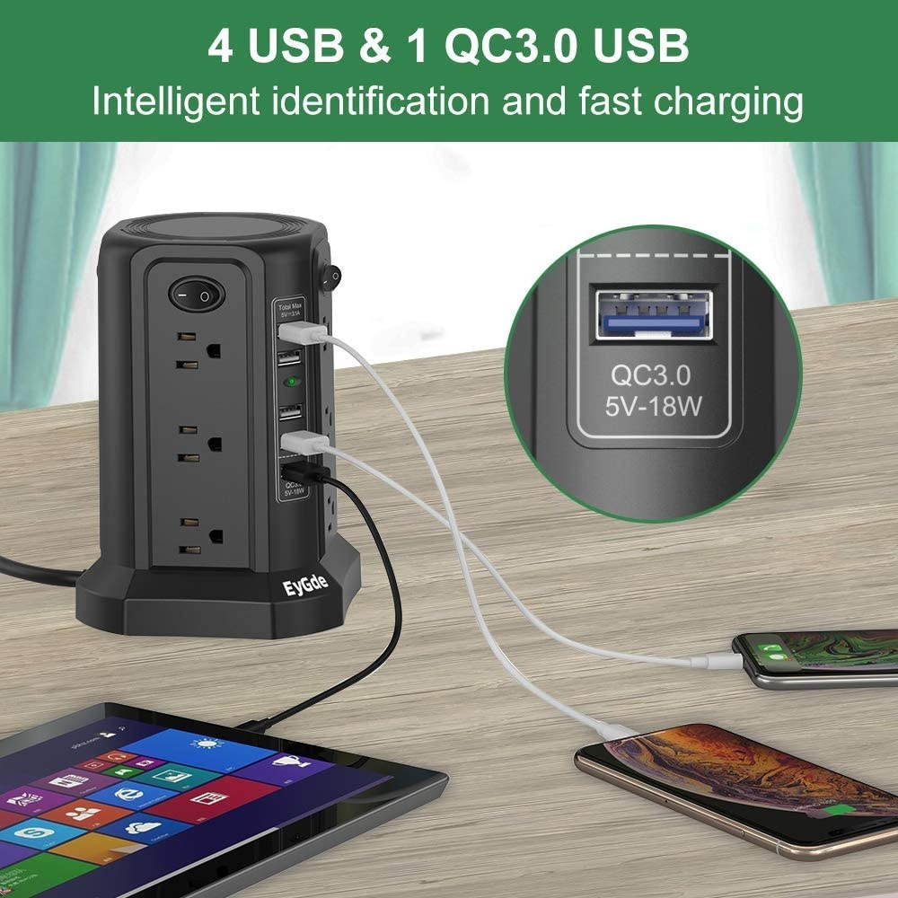 EyGde Power Strip Tower Surge Protector, Multi Plug Outlet with 10Ft Long Extension Cord+Power Strip Tower EyGde Surge Protector Electric Charging Station, 12 AC Outlets with 4 Individual ON/Off Switc
