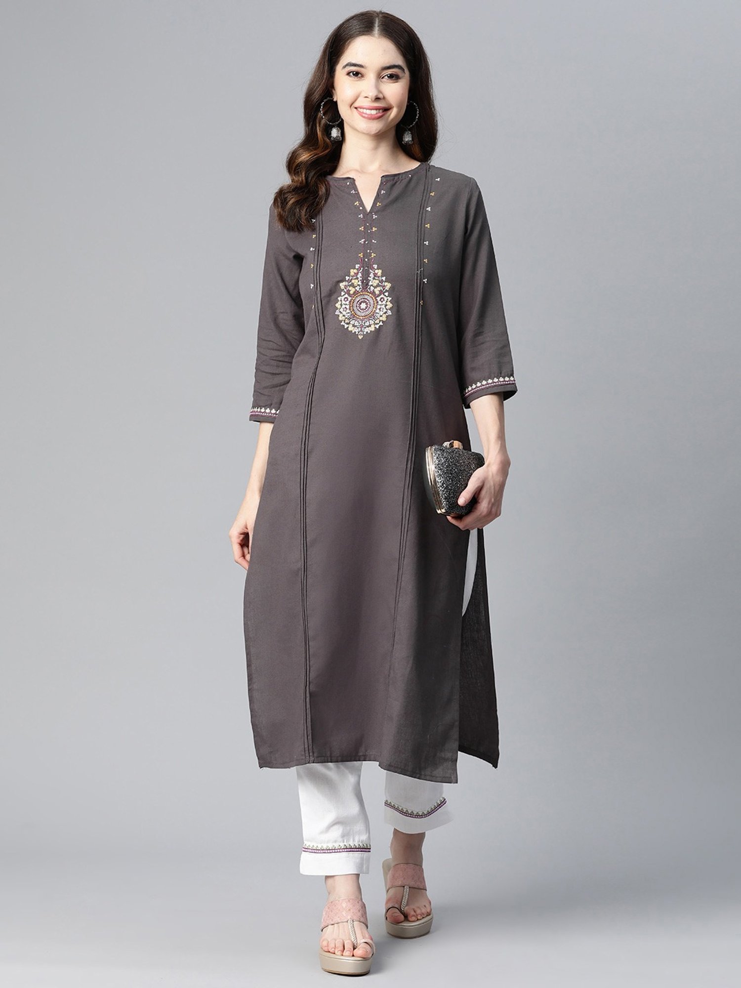 READIPRINT FASHIONS Black & White Cotton Embroidered Kurta Pant Set