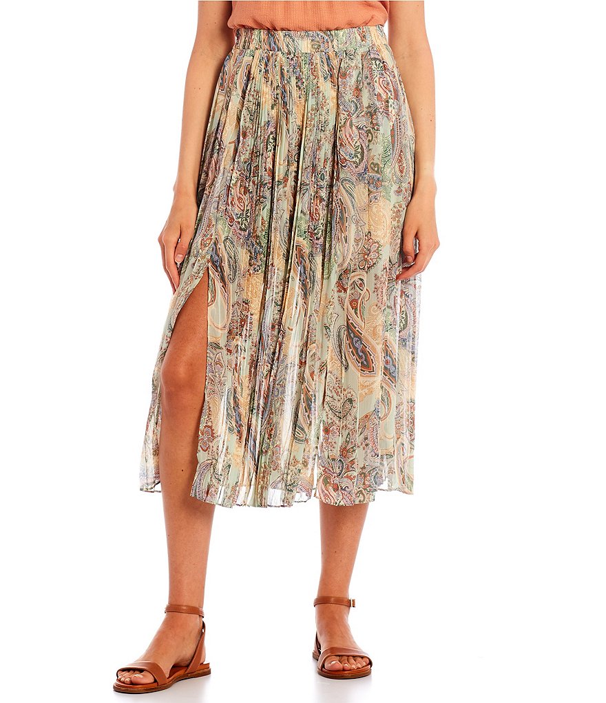 Blu Pepper Paisley Print High Rise Pleated Side Slit Midi Skirt