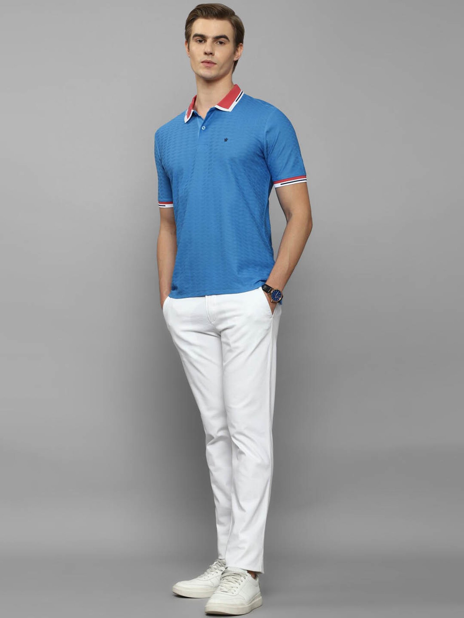 Louis Philippe Sport Blue Cotton Regular Fit Texture Polo T-Shirt