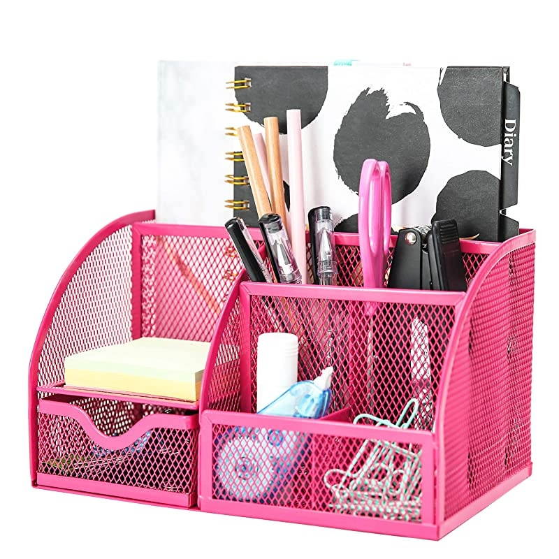 Mesh Desk Organizer Office with 7 Compartments + DrawerDesk Tidy CandyPen HolderMultifunctional Organizer EX348 Pink
