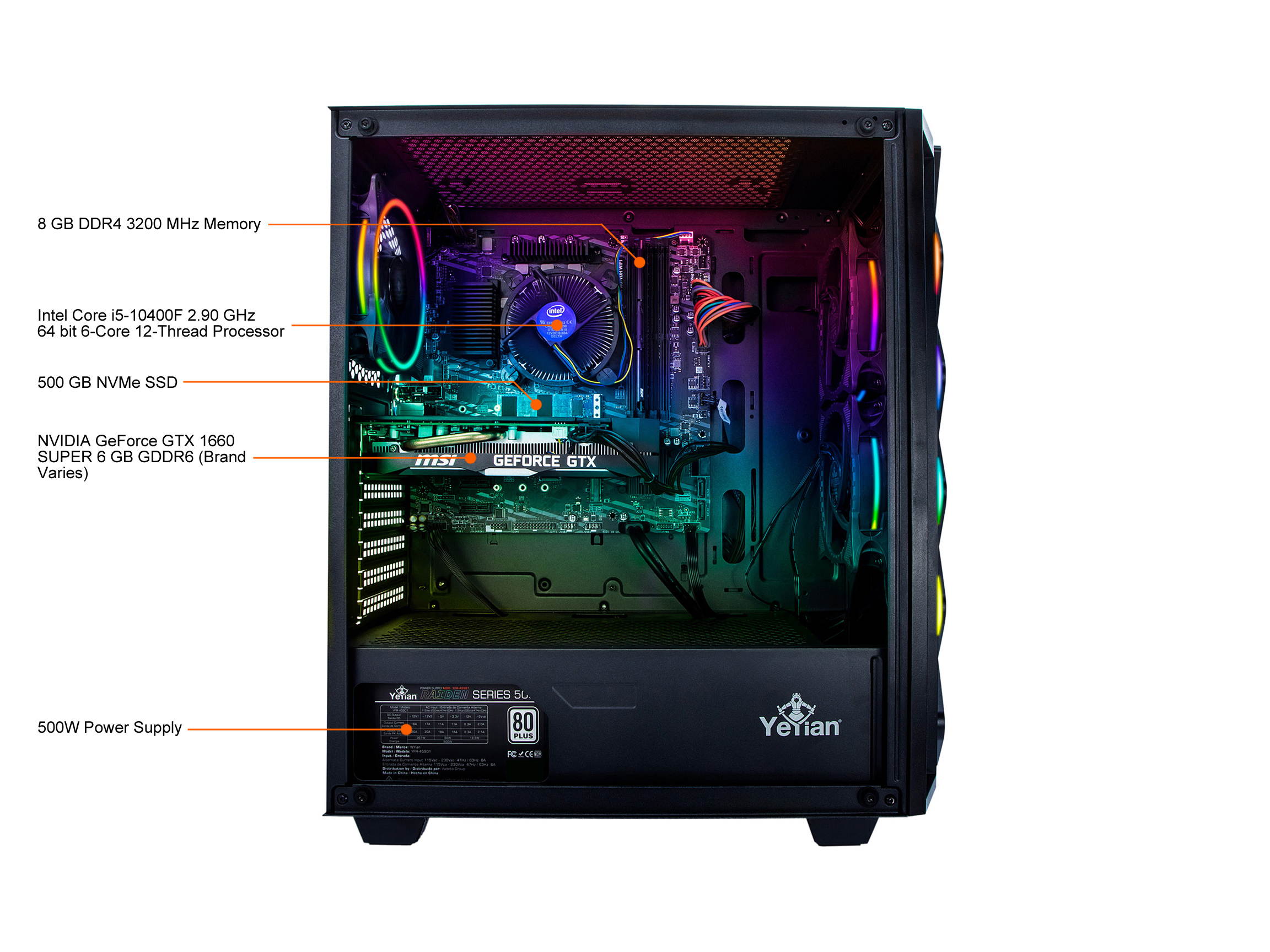 Yeyian Gaming Desktop Shoge X01 YPB-SHO-X01 Intel Core i5 10th Gen 10400F (2.90 GHz) 8 GB DDR4 500 GB NVMe SSD NVIDIA GeForce GTX 1660 SUPER Windows 10 Home 64-bit