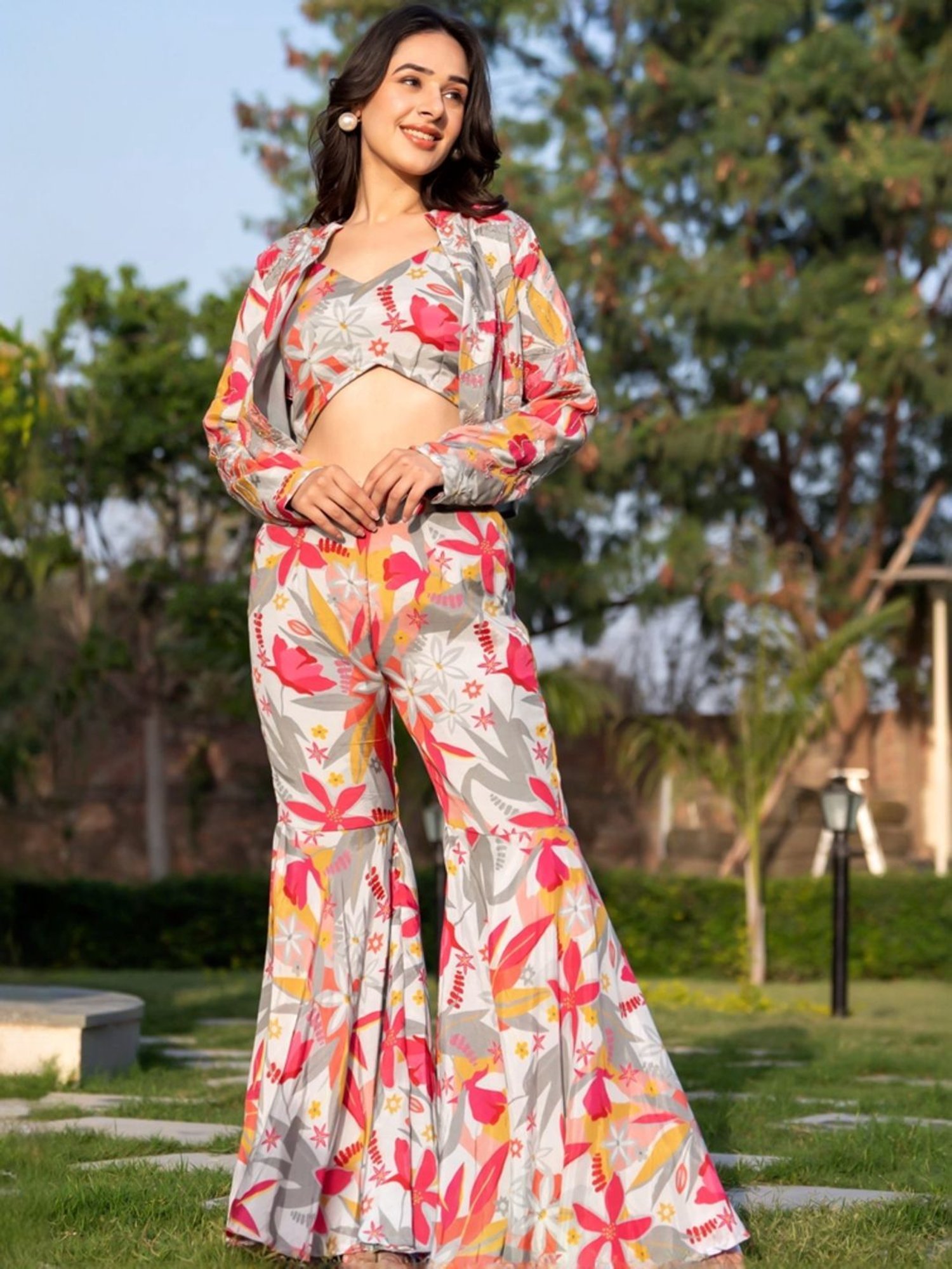 HOUSE OF JAMOTI Grey Printed Crop Top Sharara Set With Cape