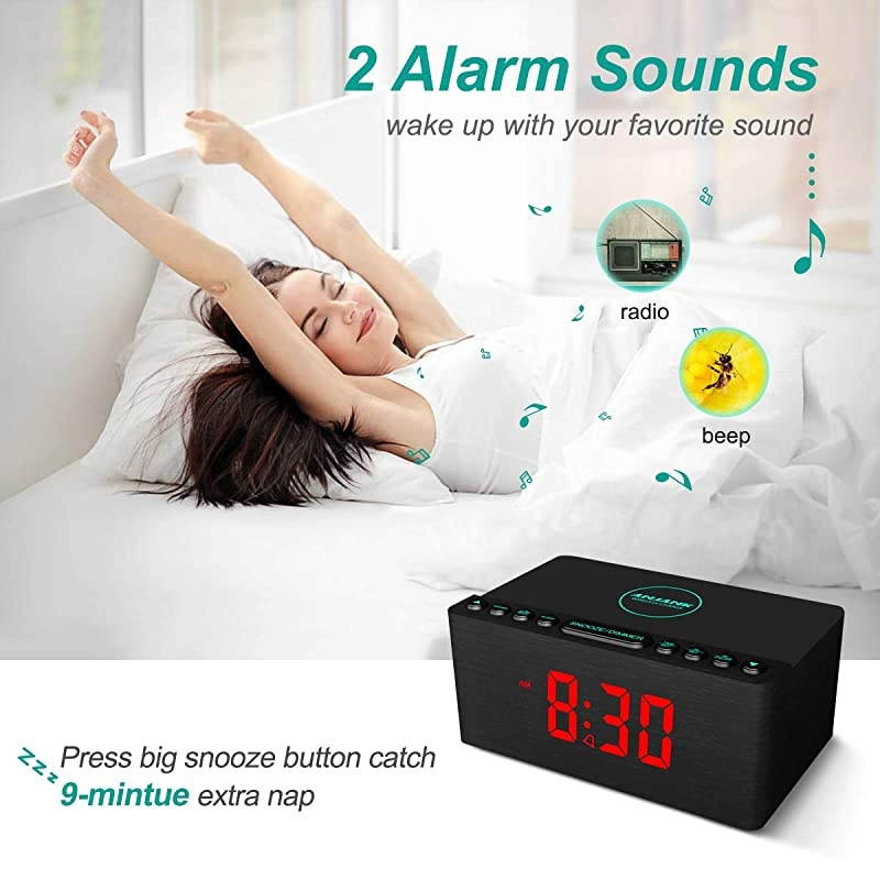 Wooden Alarm Clock with FM Radio 10W Super Fast Wireless Charger Station for iPhoneSamsung 5 Level Dimmer USB Charging Port Sleep Timer Digital LED Clock for Bedroom