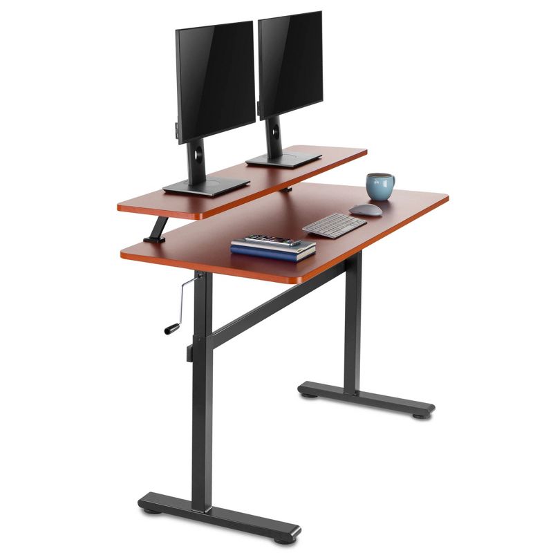 Tranzendesk Standing Desk with Clamp-On Shelf - 55" Sit to Stand Workstation with 55" Monitor Stand - Cherry - Stand Steady