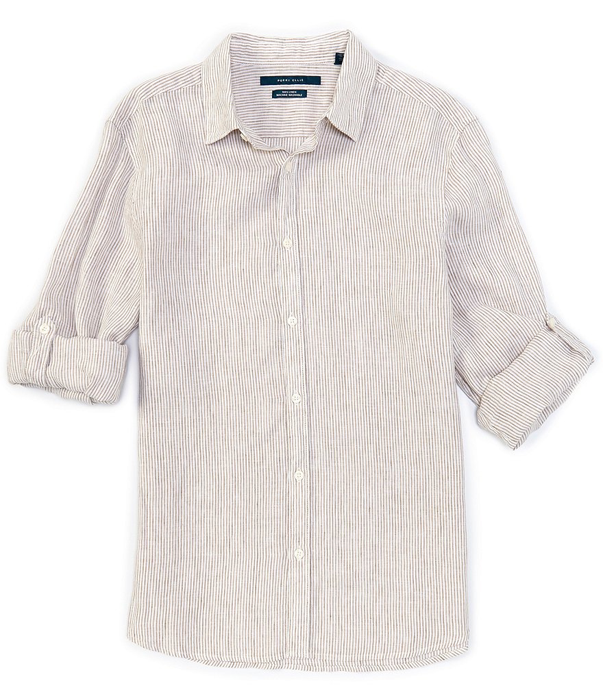 Perry Ellis Untucked Stripe Linen Roll-Sleeve Woven Shirt