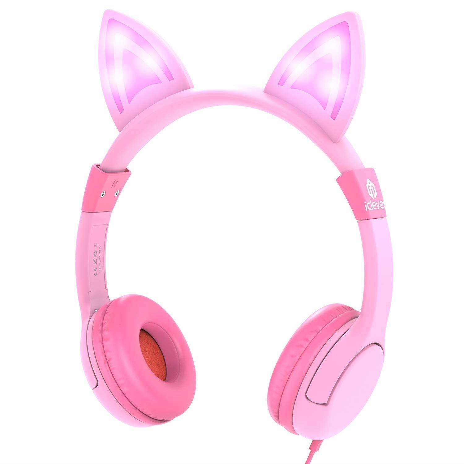 iClever Kids Headphones Over Ear, LED Backlight, Safe Wired Kids Headsets 85dB Volume Limited, Food Grade Silicone, 3.5mm Aux Jack, Cat-Inspired Headphones for Kids, Pink