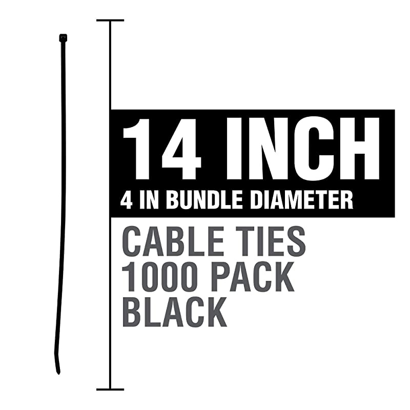 ZipIts Cable Ties 14-in 75 Lb Tensile Strength Standard Duty Self Locking UV Resistant Black Zip Ties, 1,000 Pack, UL Listed, Contractor Quality and Strength