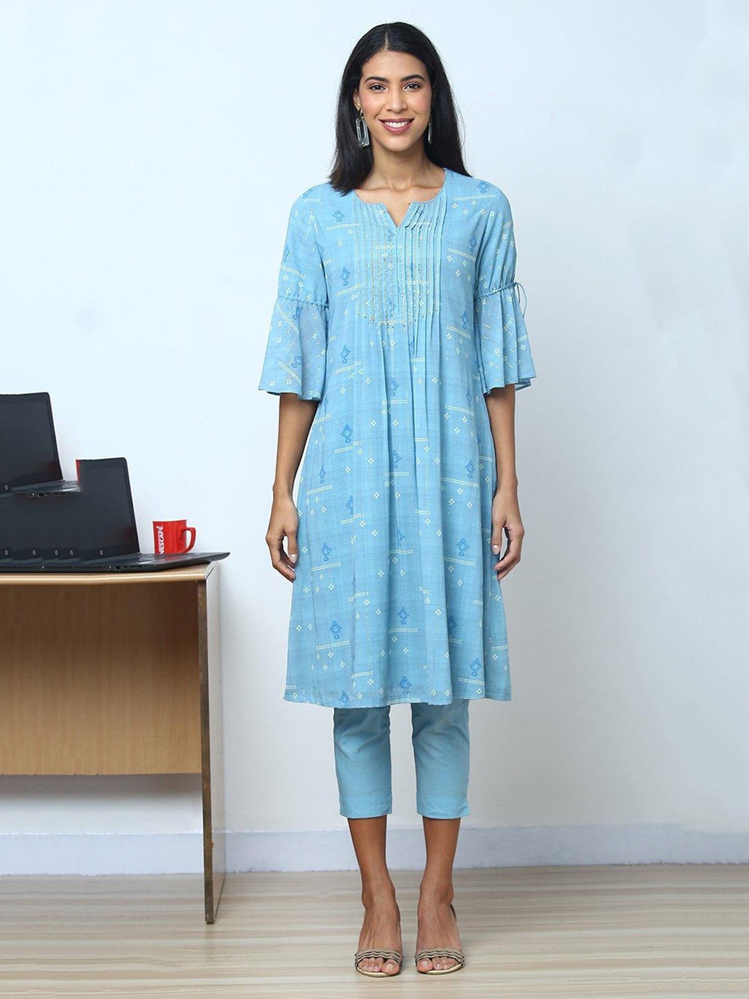Biba Blue Printed Kurta & Pant Set With Shrug