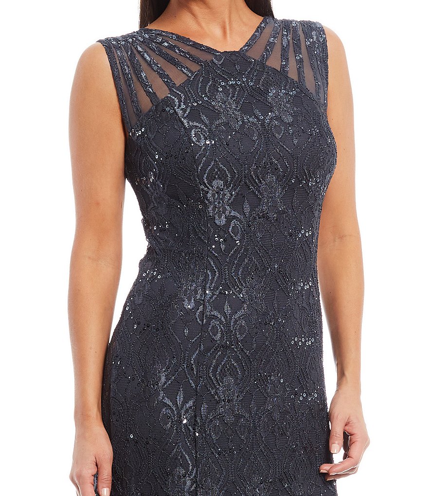 R & M Richards Illusion Shoulder Sleeveless Lace Gown