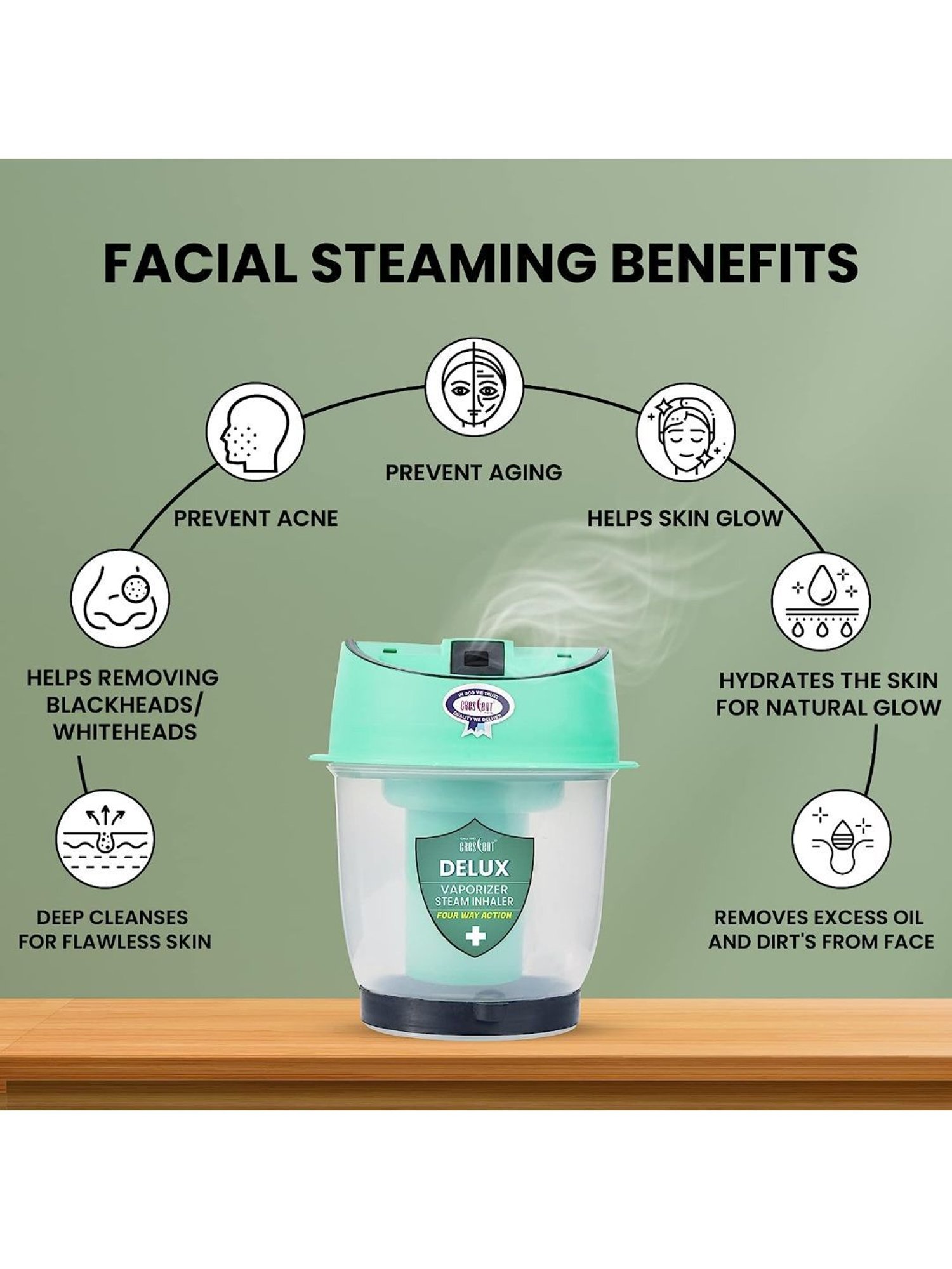 Crescent Delux Facial Steamer Vaporizer for Cold & Cough, Separate Water Container (Green)