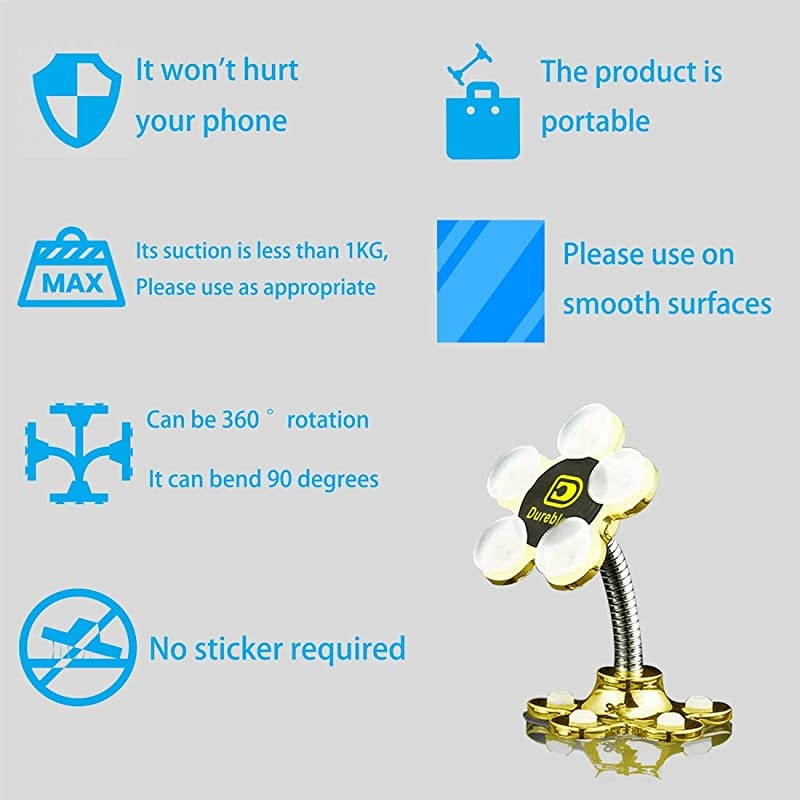 Phone StandDoubleSided Phone Stand with 360&deg; RotatingMultiFunctional DesktopMirrorGlass Phone Holder for Cell Phone Tablet5 Soft Silicone Suckers Protecting Your Phones Gold