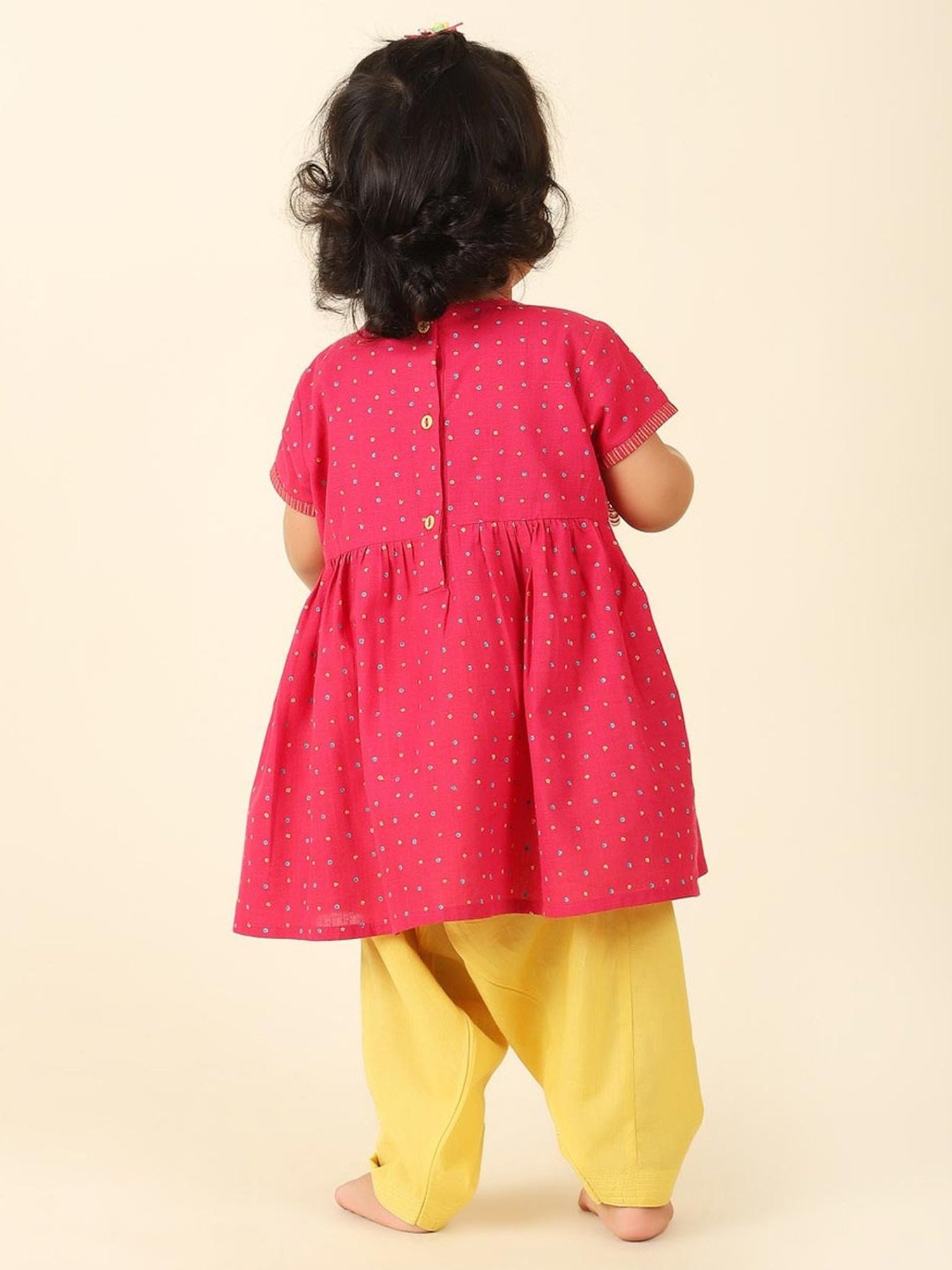 Fabindia Kids Pink & Yellow Cotton Printed Kurta Set