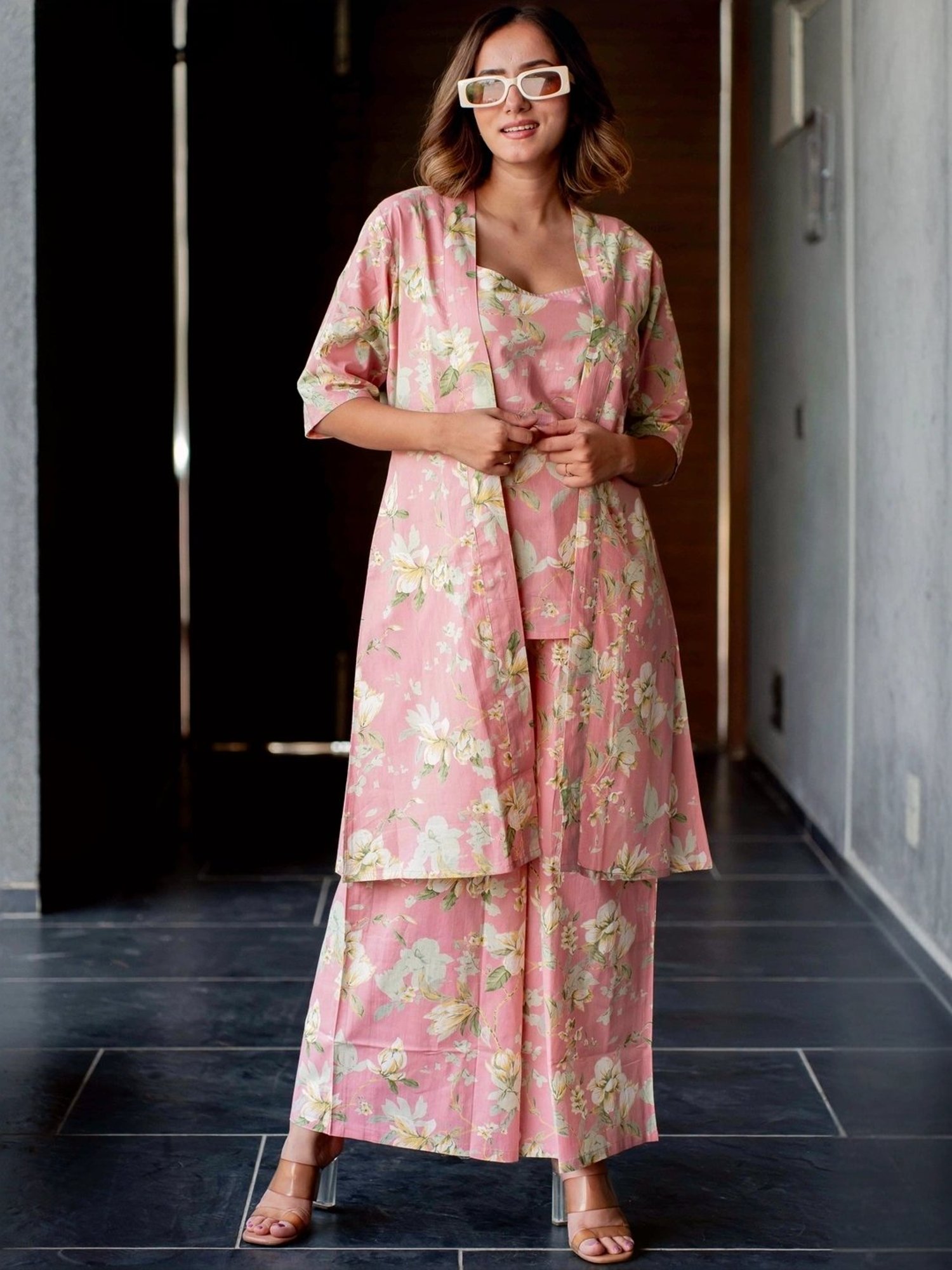 MIRCHI FASHION Pink Cotton Printed Top Palazzo Set With Shrug