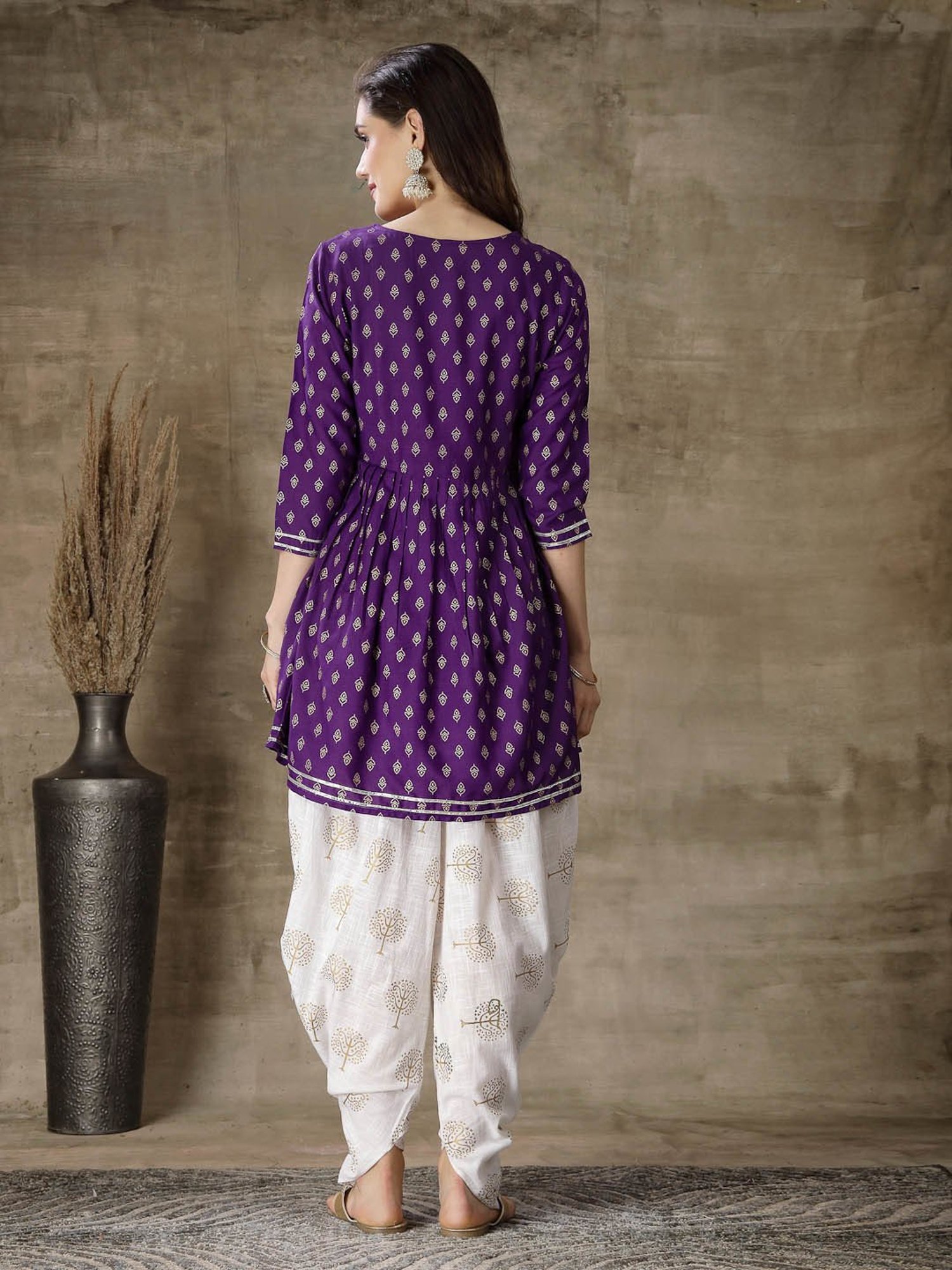 Stylum Violet Rayon Embroidered Kurti With Dhoti Pants