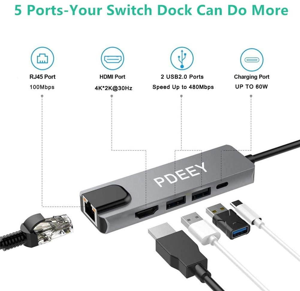 HDMI to Ethernet Adapter Compatible for Nintendo Switch Lite Dock with USB Bluetooth Hub and PD 60W USB-C Charging Port Thunderbolt 3 Compatible Samsung Dex Galaxy Tab A 2019 MacBook/Pro/Air