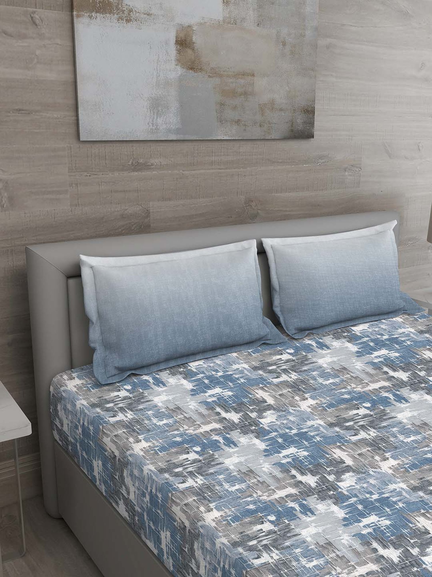 GM Blue & Grey 100% Cotton 144 TC King Bedsheet Set