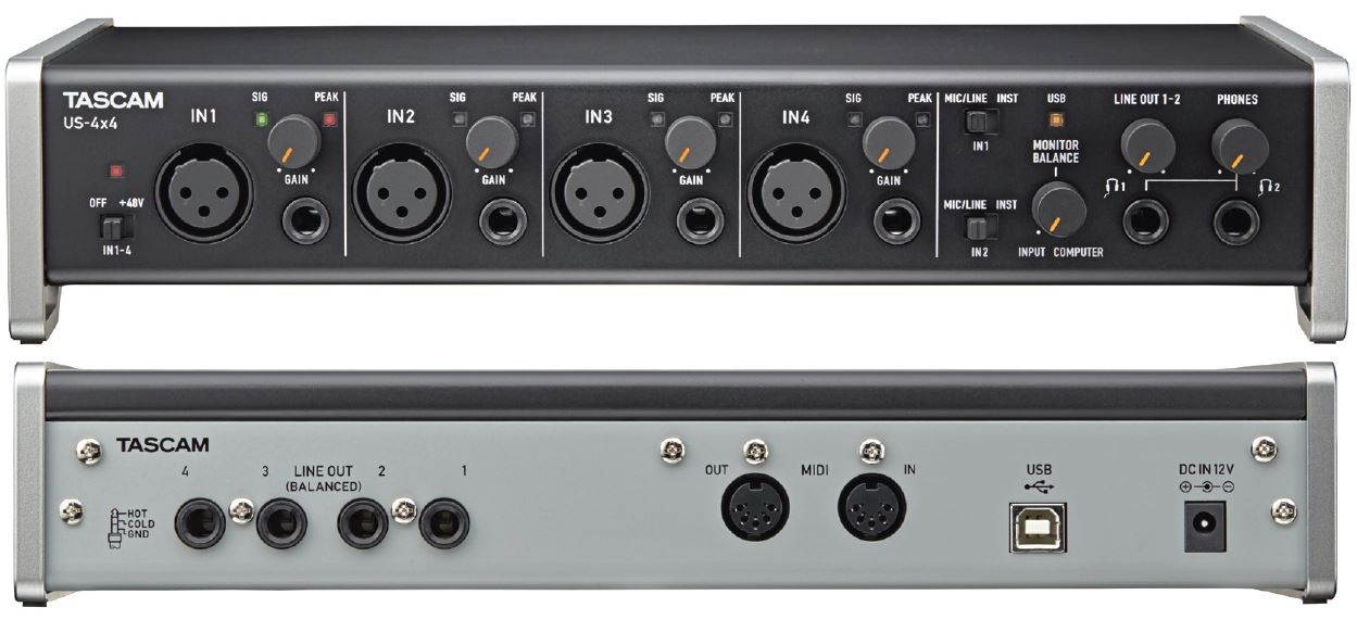 TASCAM US-4x4 USB Audio Interface. W/ 2 XLR Cables and 2 MIC Stand