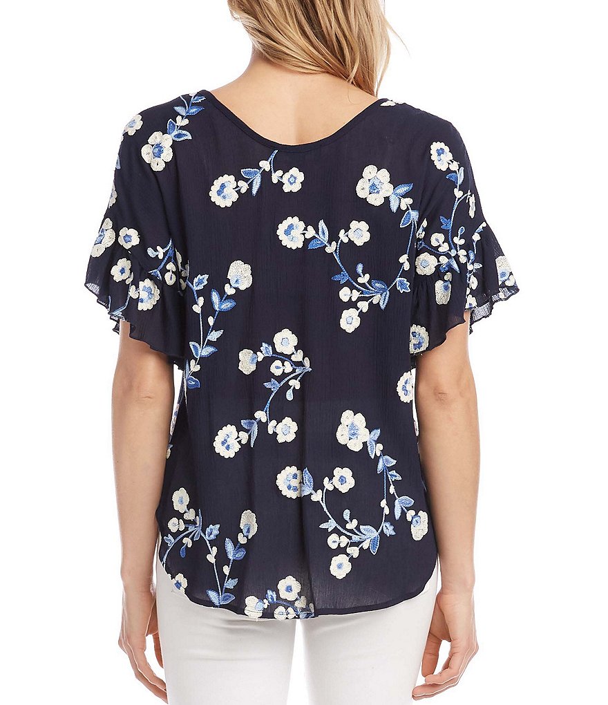 Karen Kane Floral Embroidered Scoop Neck Ruffle Short Sleeve Top