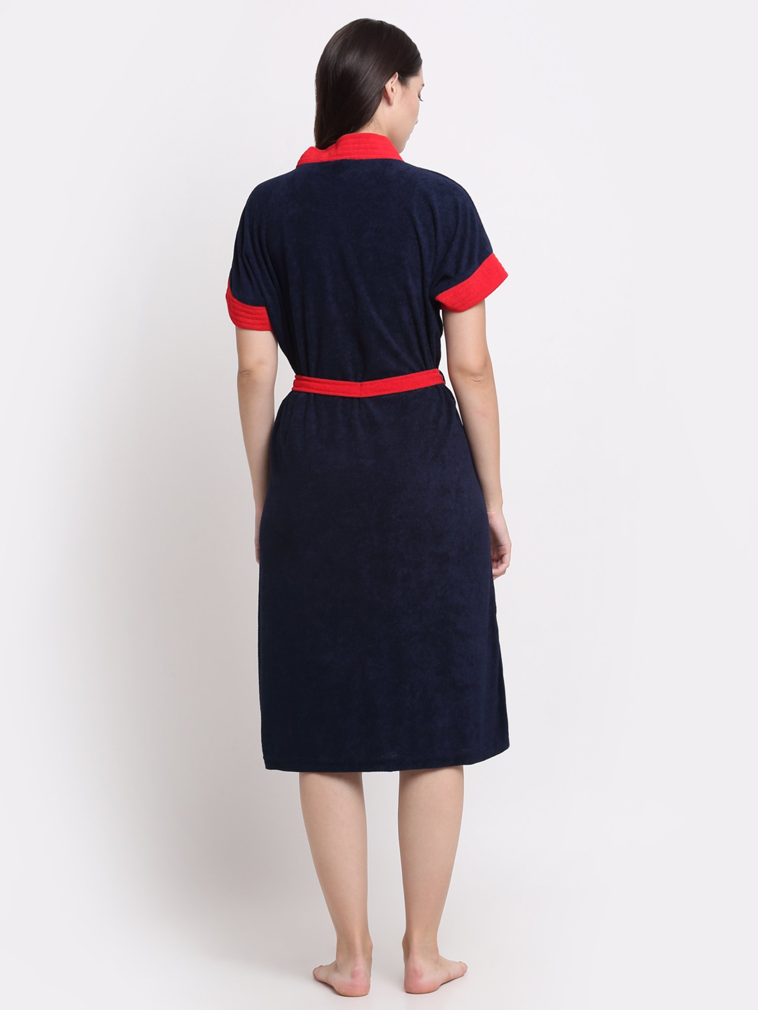 Creeva Everyday Navy & Red 225 GSM Micro Terry Bathrobe with Front Pocket & Kimono Collar