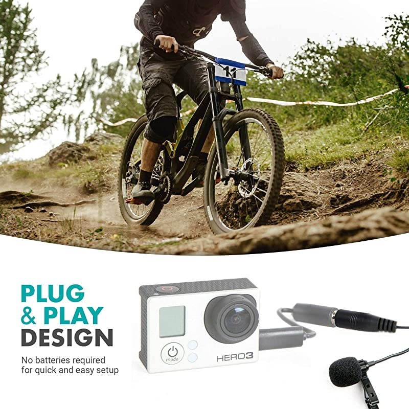 GM100 Clipon Lavalier Microphone for Compatible with GoPro HERO3 HERO3+ and HERO4 Black White and Silver Editions Includes Mic Adapter for Go Pro