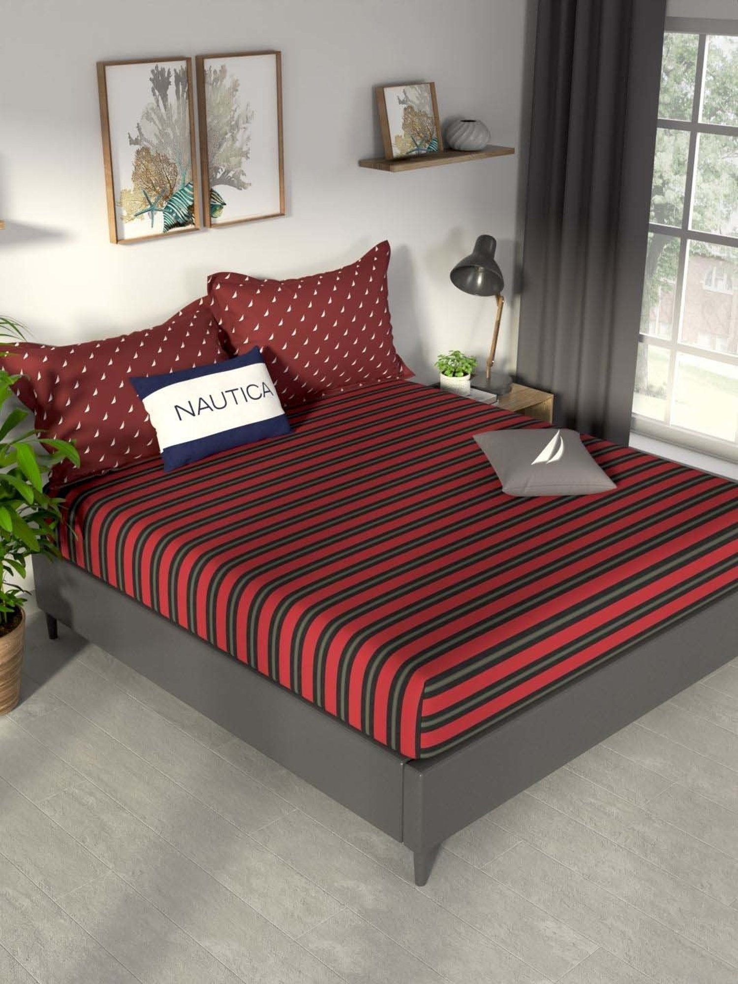 NAUTICA Pacific Coast Rust & Denim Cotton 160 TC King Fitted Bedsheet with 2 Pillow Cover