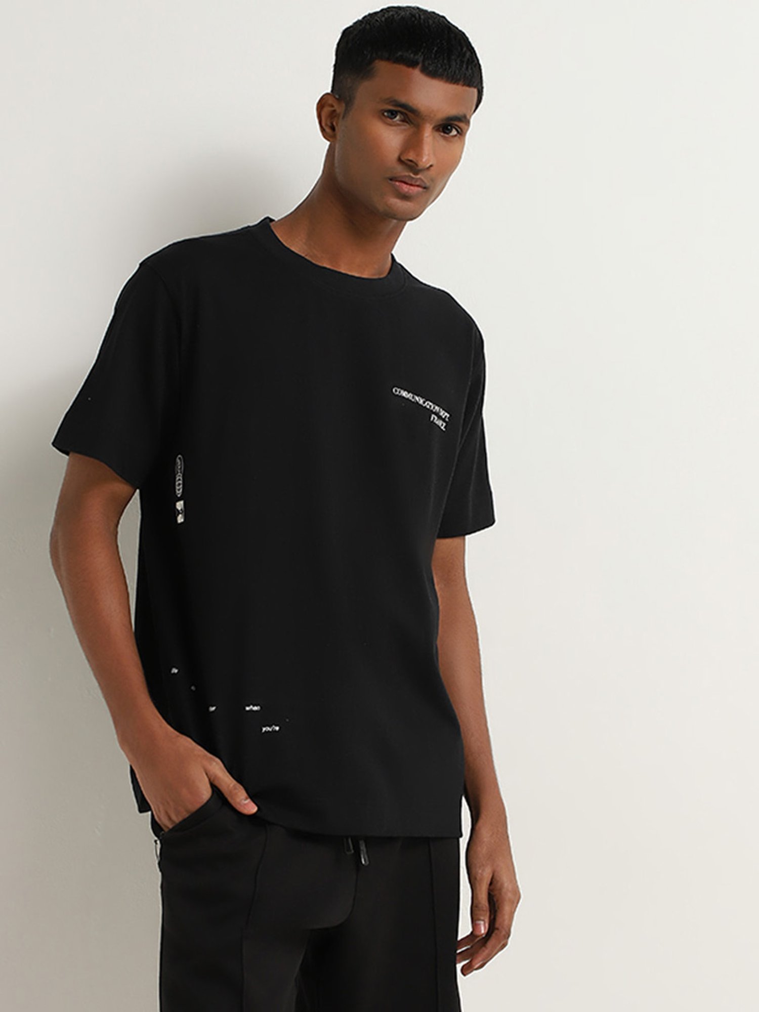Studiofit by Westside Black Text Embossed Relaxed Fit T-Shirt