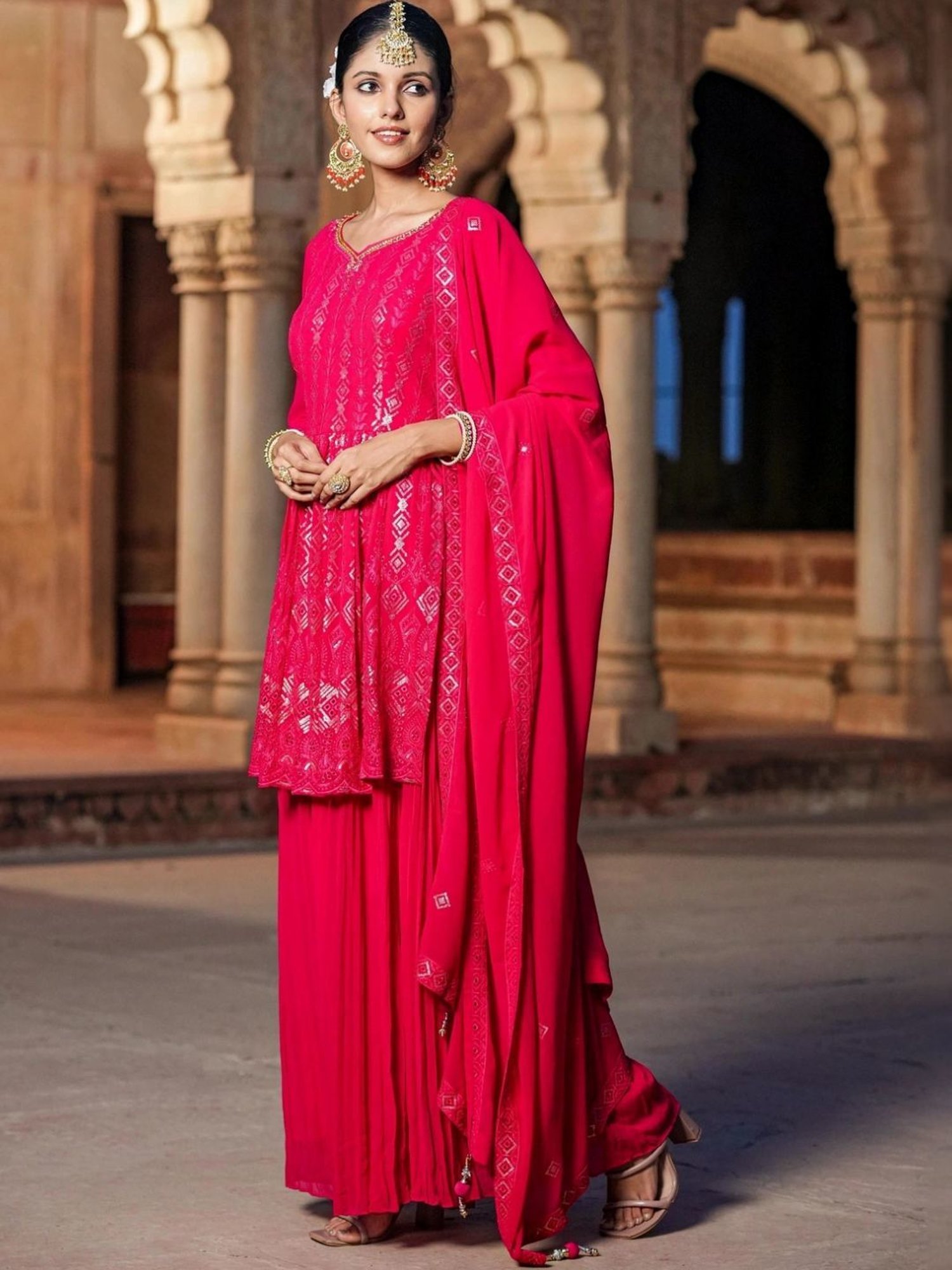Scakhi Red Georgette Sequin Embroidered Suit Set Tunic With Palazzo And Dupatta