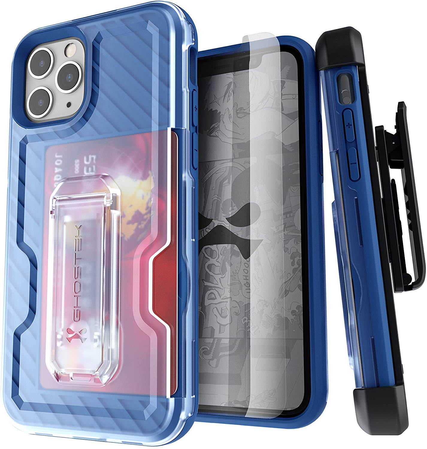 Ghostek Iron Armor Belt Clip iPhone 11 Holster Case with Kickstand and Card Holder Slot Slim Shockproof Design Heavy Duty Protection Wireless Charging Compatible 2019 iPhone 11 (6.1 Inch) - (Blue)
